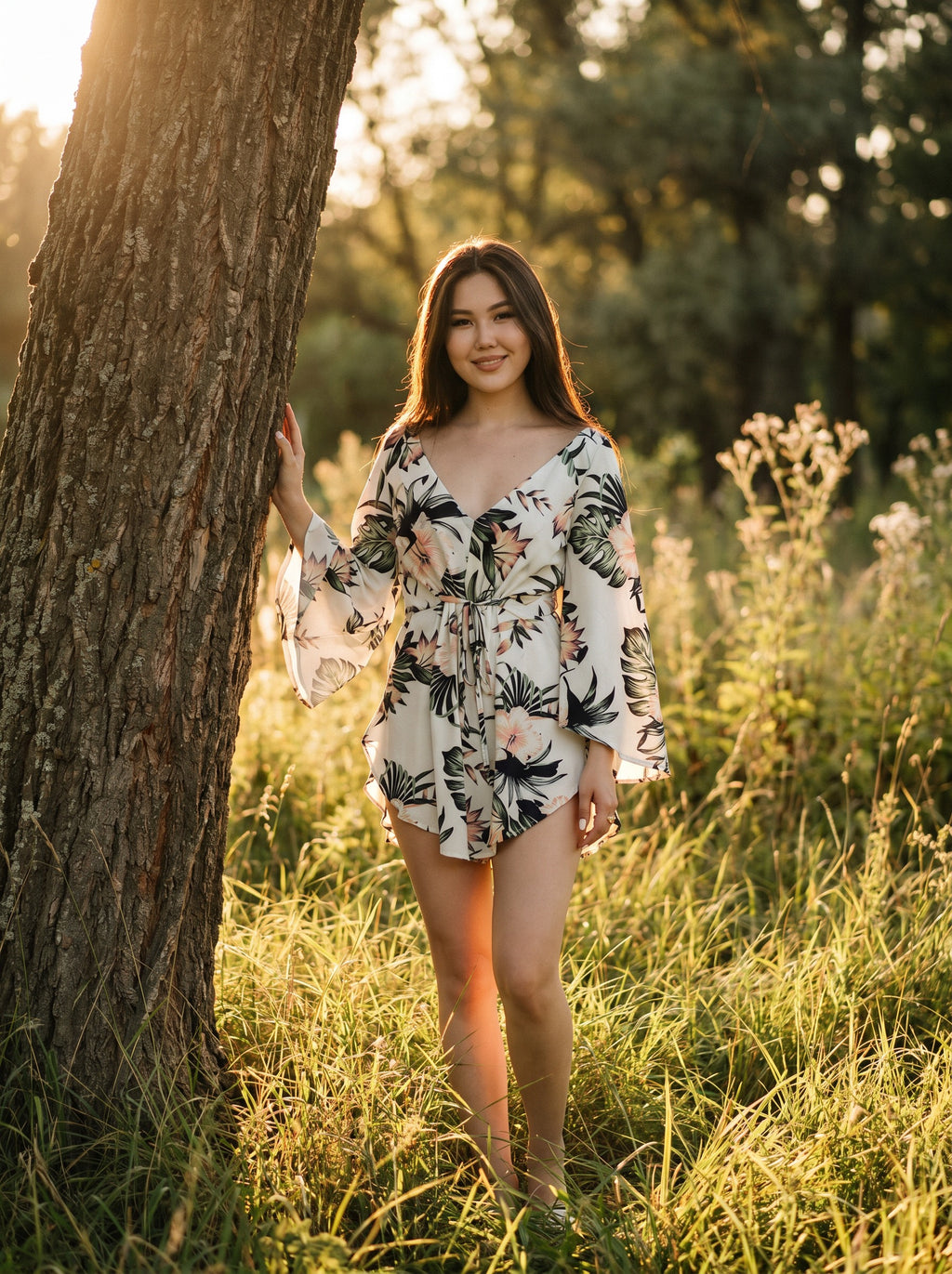 Genevieve Flutter Sleeve Mini Dress in Ivory Tropics