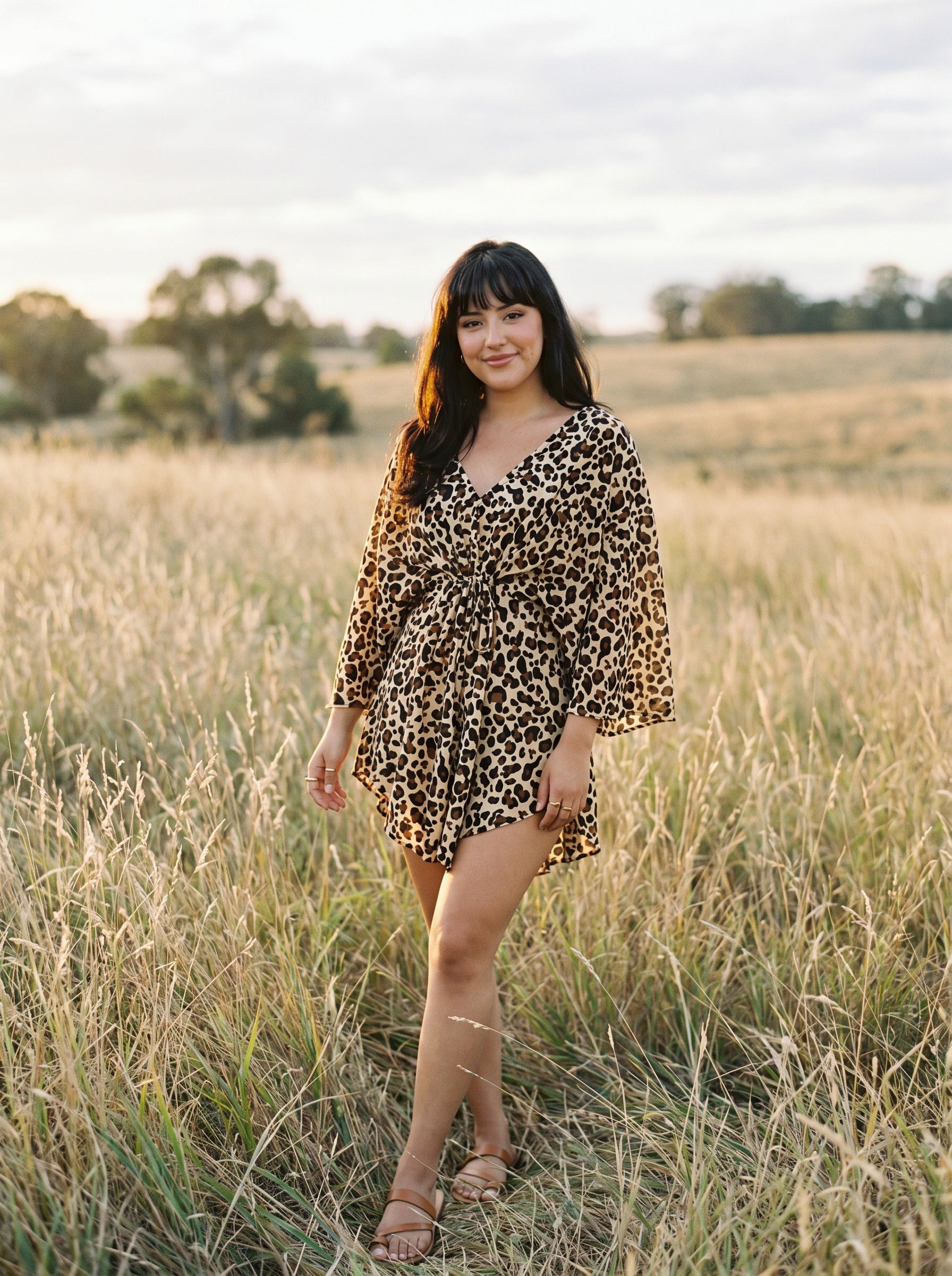 Genevieve Flutter Sleeve Mini Dress in Golden Leopard
