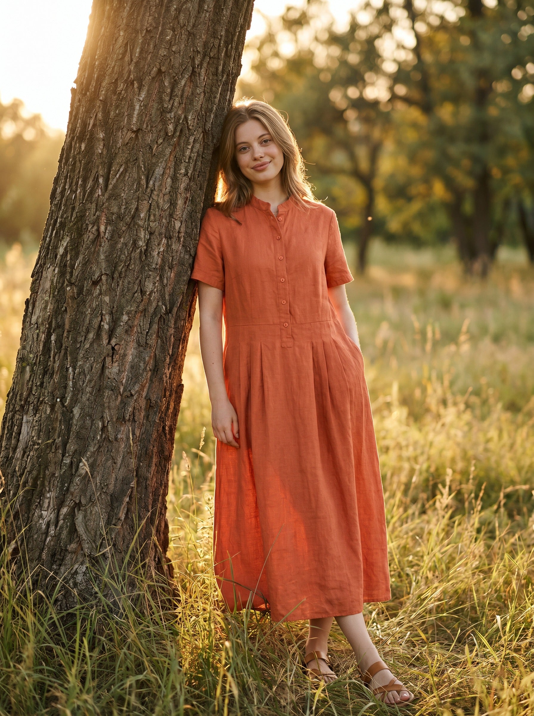 Marigold Stand Collar Midi Dress in Harvest Solids