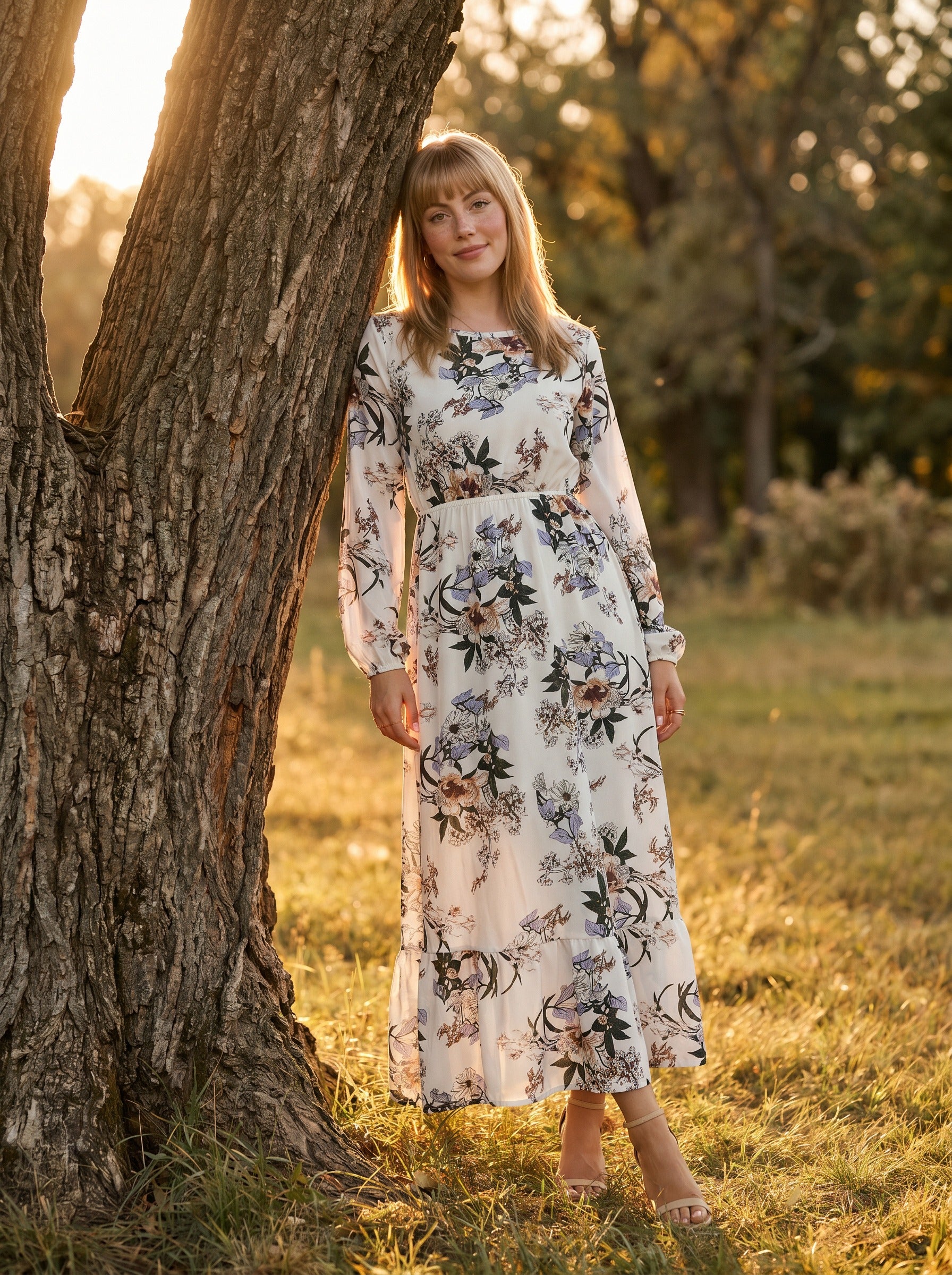Clara Flounce Hem Maxi Dress in Ivory Botanical Garden