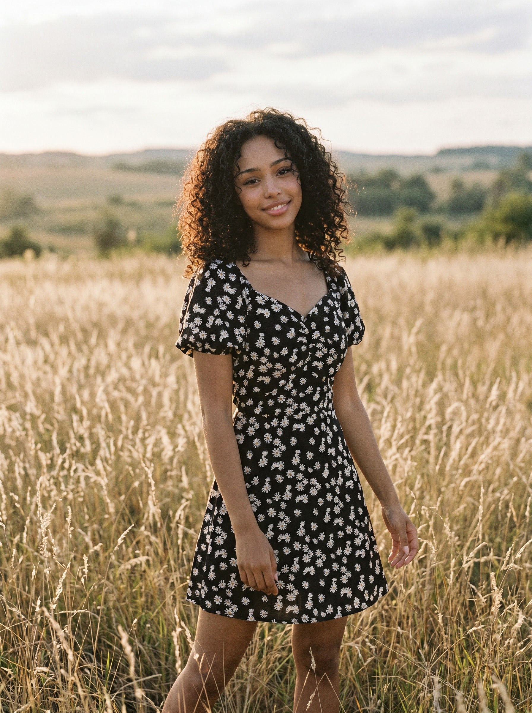 Ophelia Puff Sleeve Mini Dress in Scattered Daisies