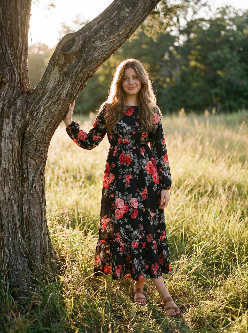 Clara Flounce Hem Maxi Dress in Midnight Crimson Roses