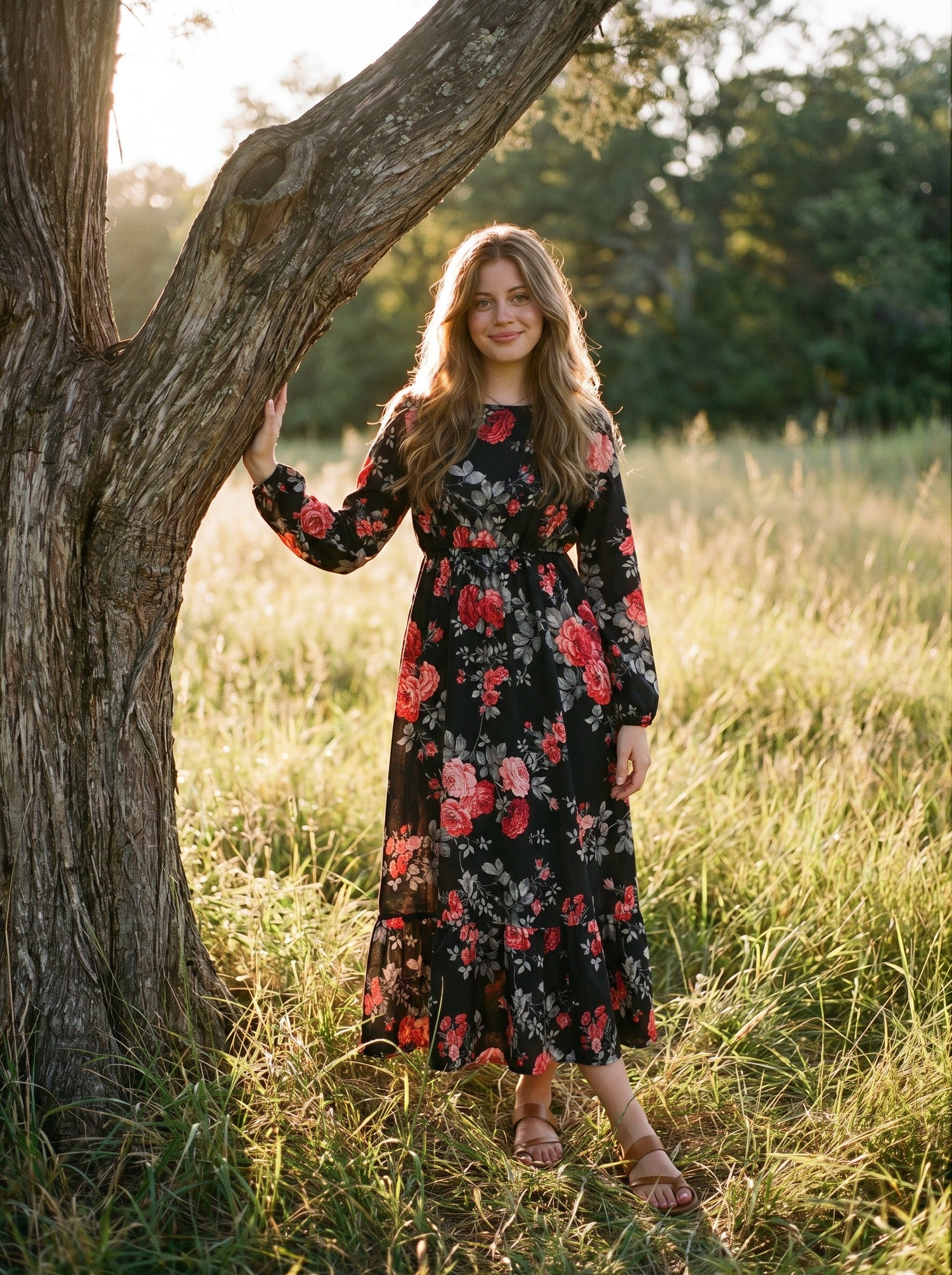 Clara Flounce Hem Maxi Dress in Midnight Crimson Roses