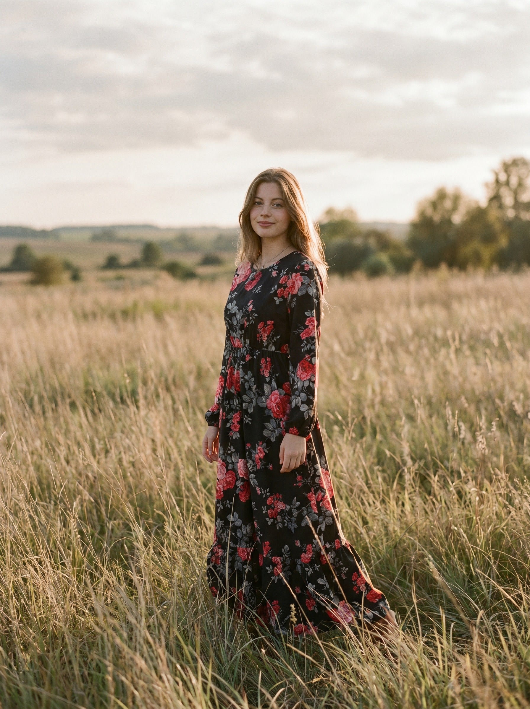 Clara Flounce Hem Maxi Dress in Midnight Crimson Roses