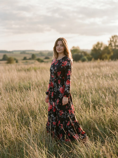 Clara Flounce Hem Maxi Dress in Midnight Crimson Roses