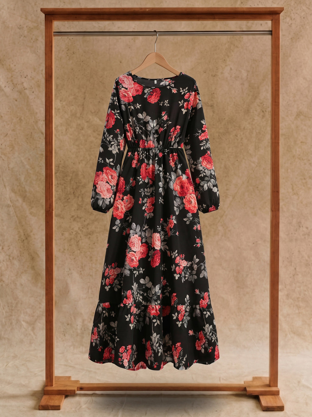 Clara Flounce Hem Maxi Dress in Midnight Crimson Roses