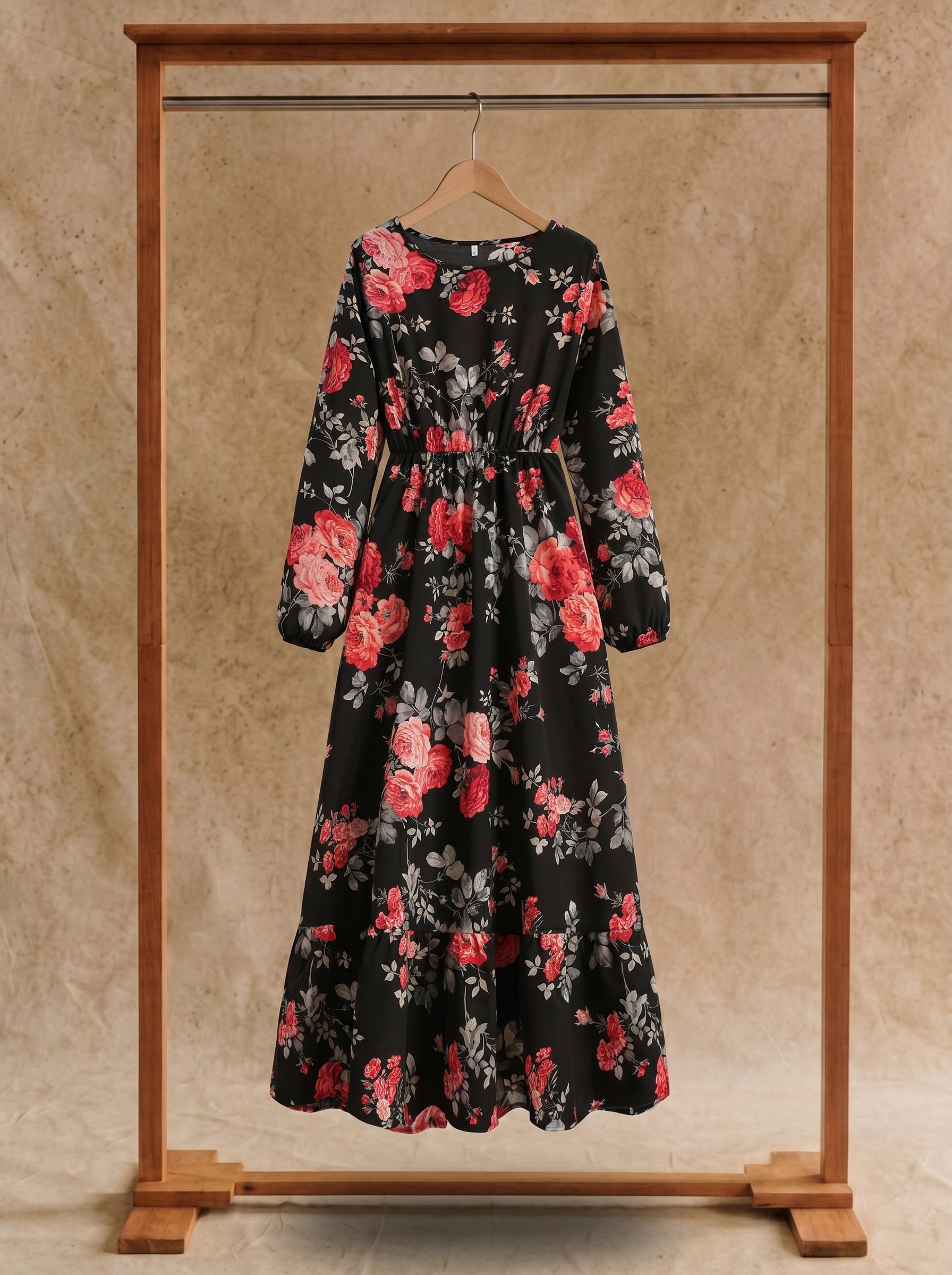 Clara Flounce Hem Maxi Dress in Midnight Crimson Roses