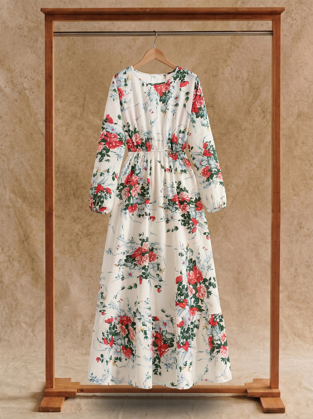 Clara Flounce Hem Maxi Dress in Crimson Rose Cream
