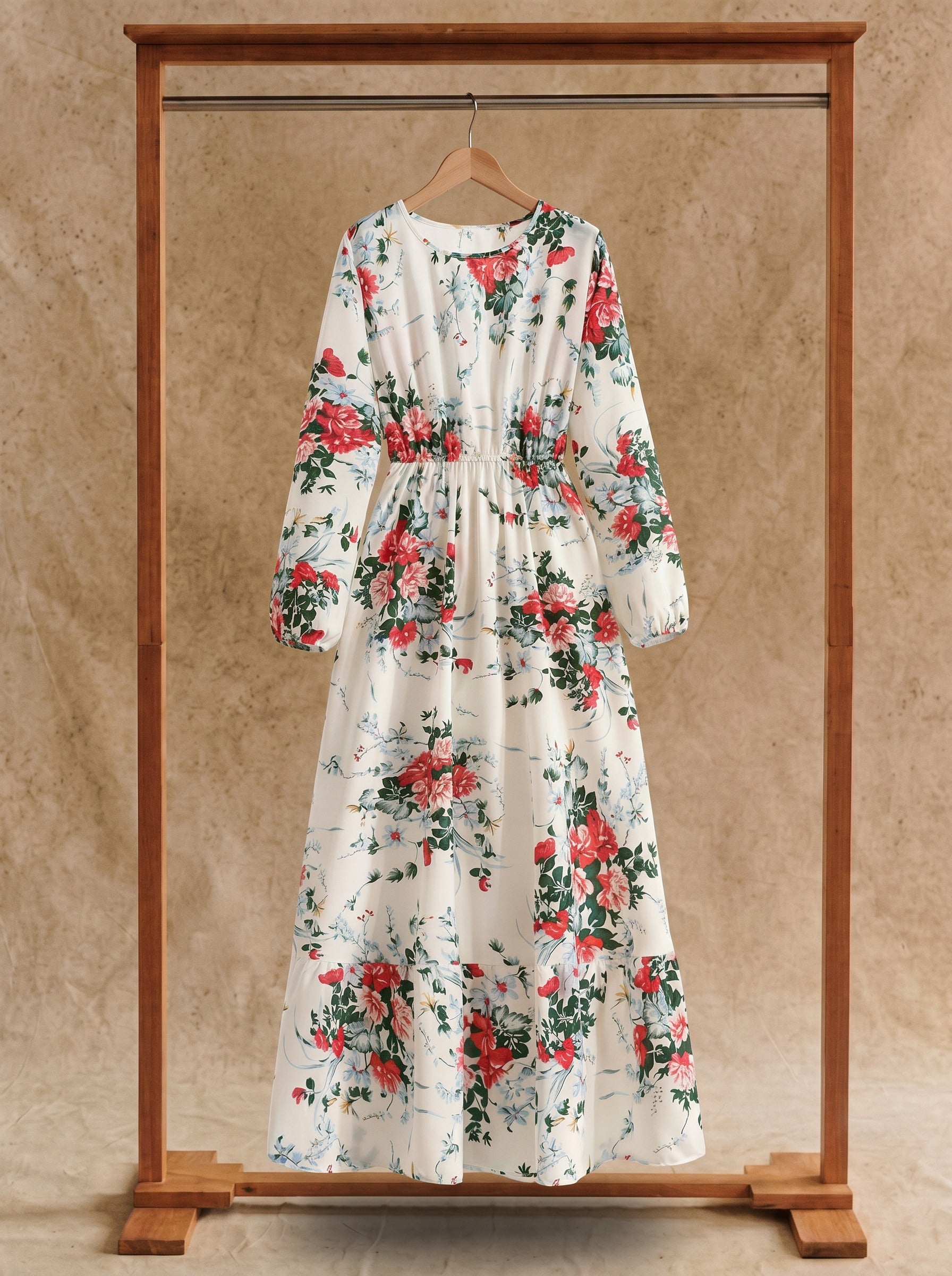 Clara Flounce Hem Maxi Dress in Crimson Rose Cream