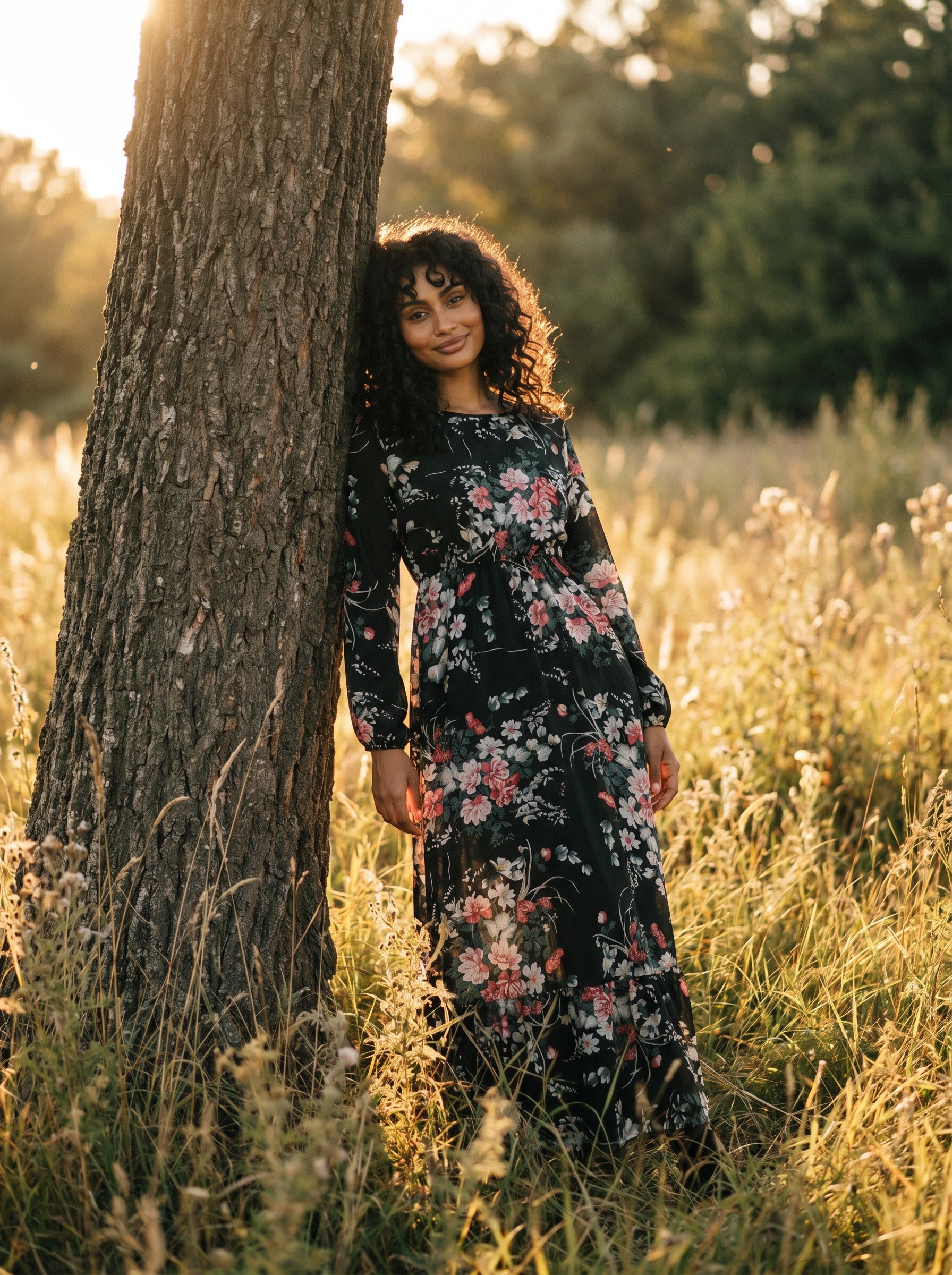 Clara Flounce Hem Maxi Dress in Midnight Roses