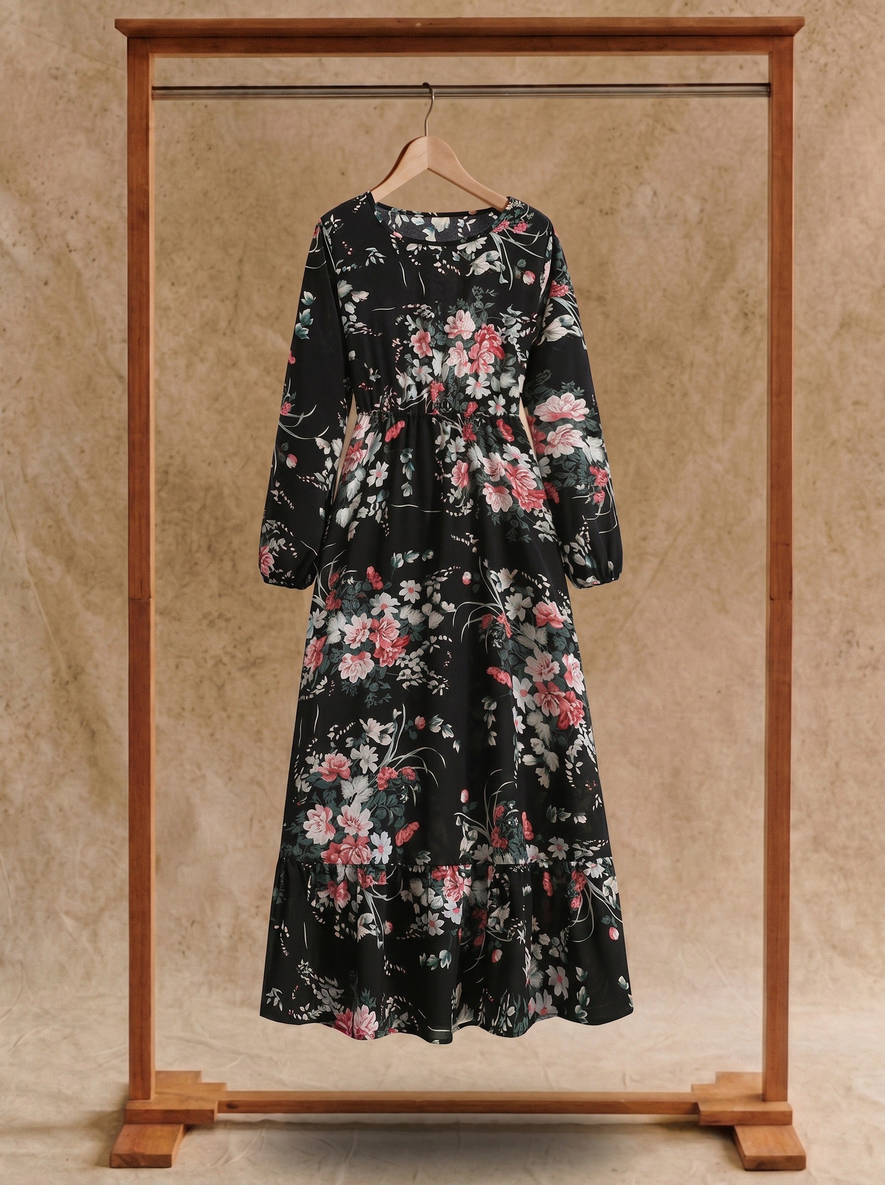 Clara Flounce Hem Maxi Dress in Midnight Roses