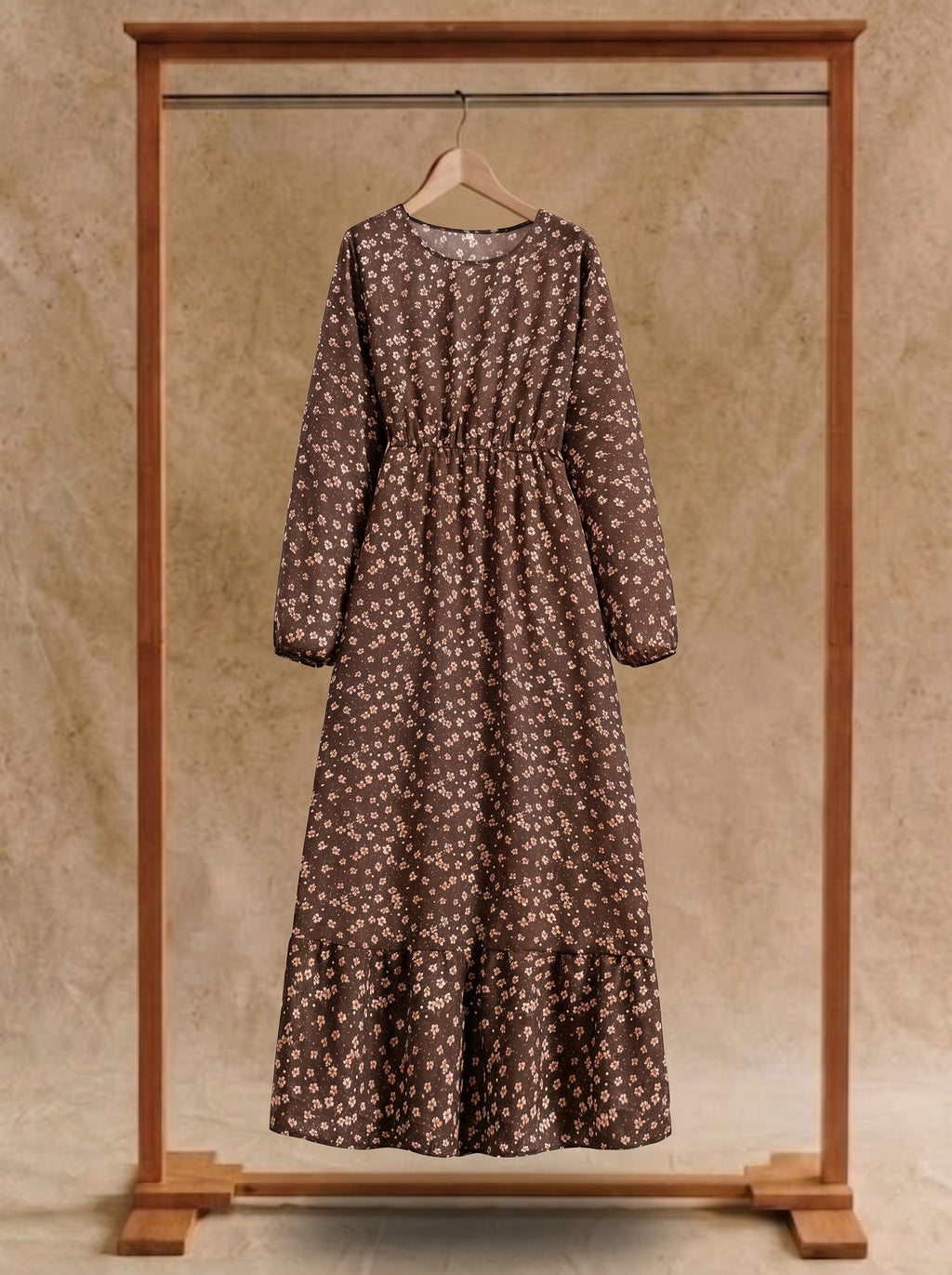 Clara Flounce Hem Maxi Dress in Chestnut Calico