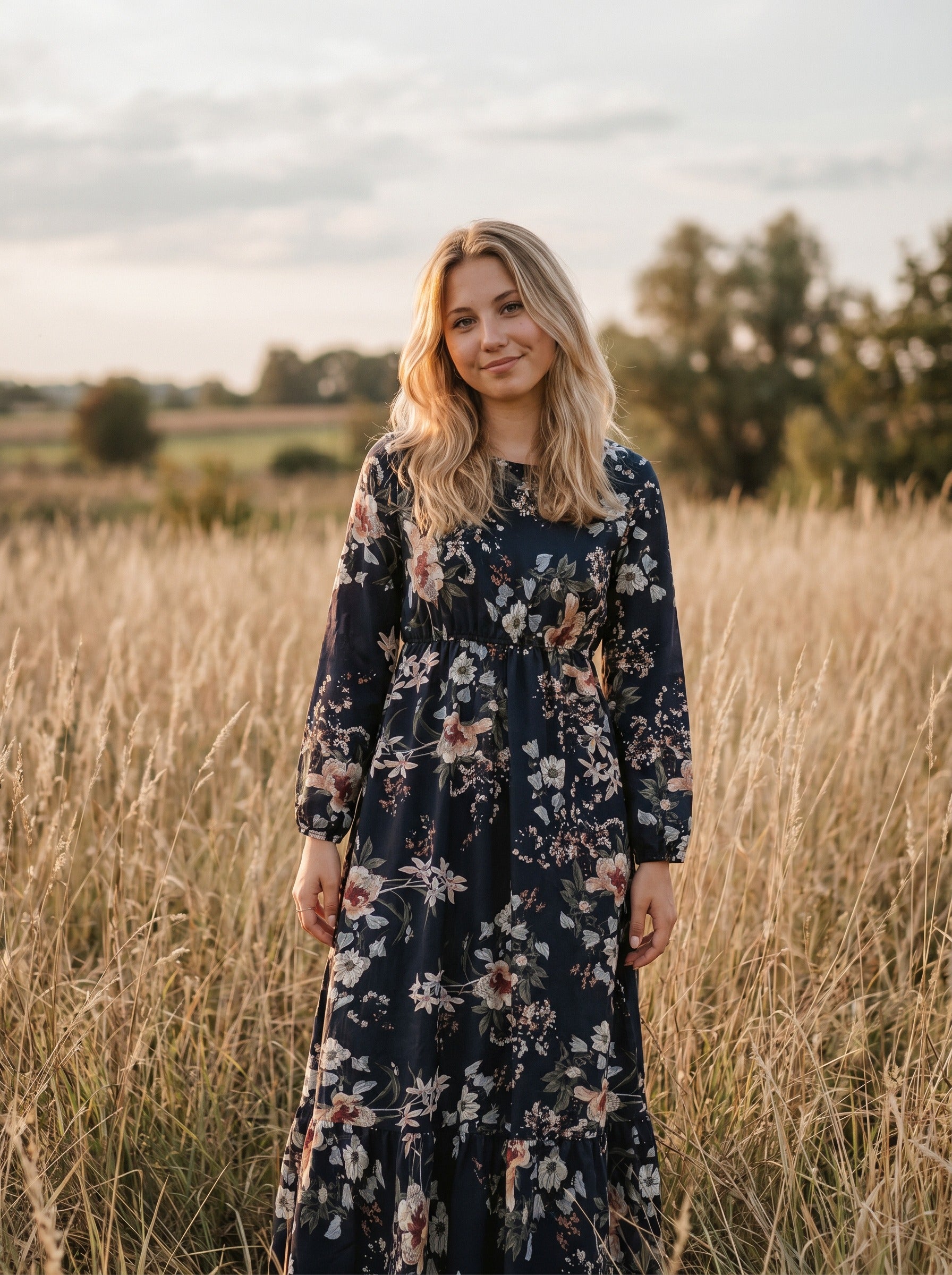 Clara Flounce Hem Maxi Dress in Navy Antique Blooms