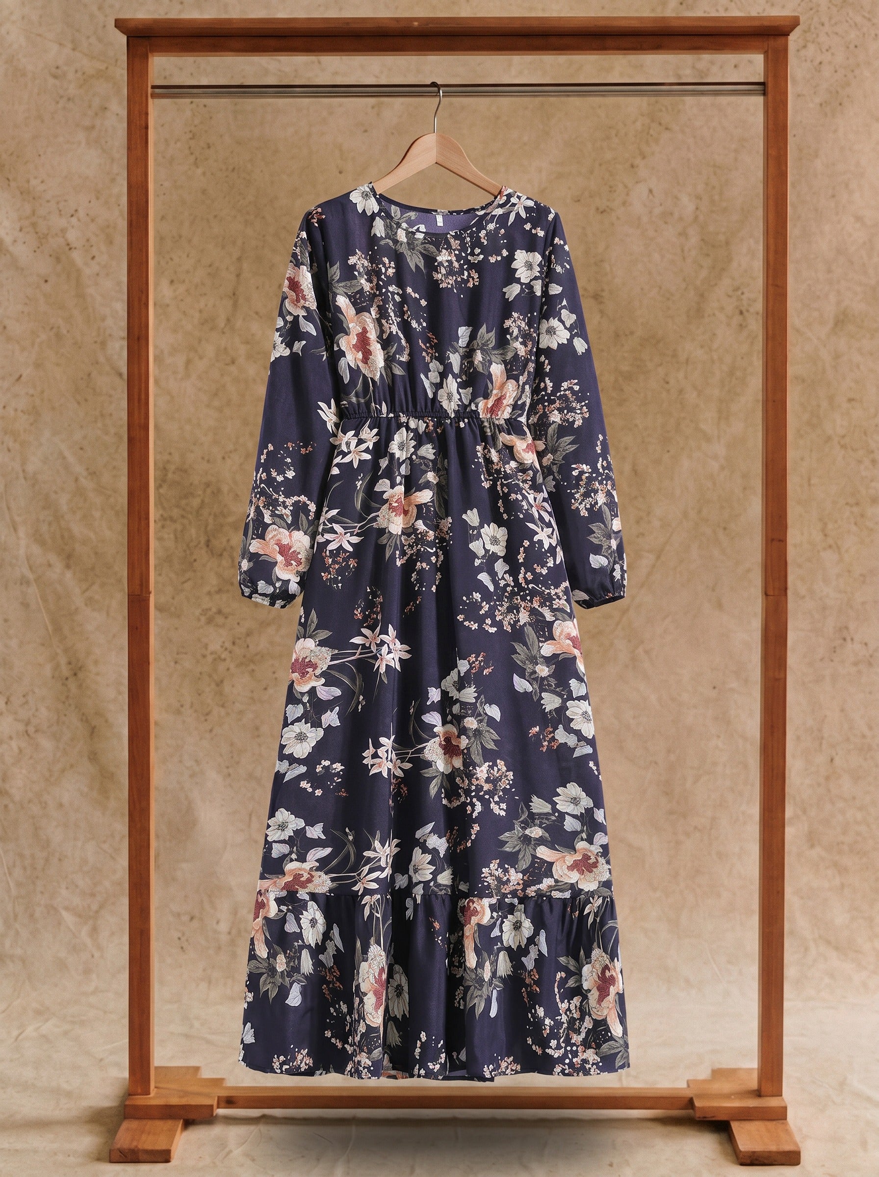 Clara Flounce Hem Maxi Dress in Navy Antique Blooms