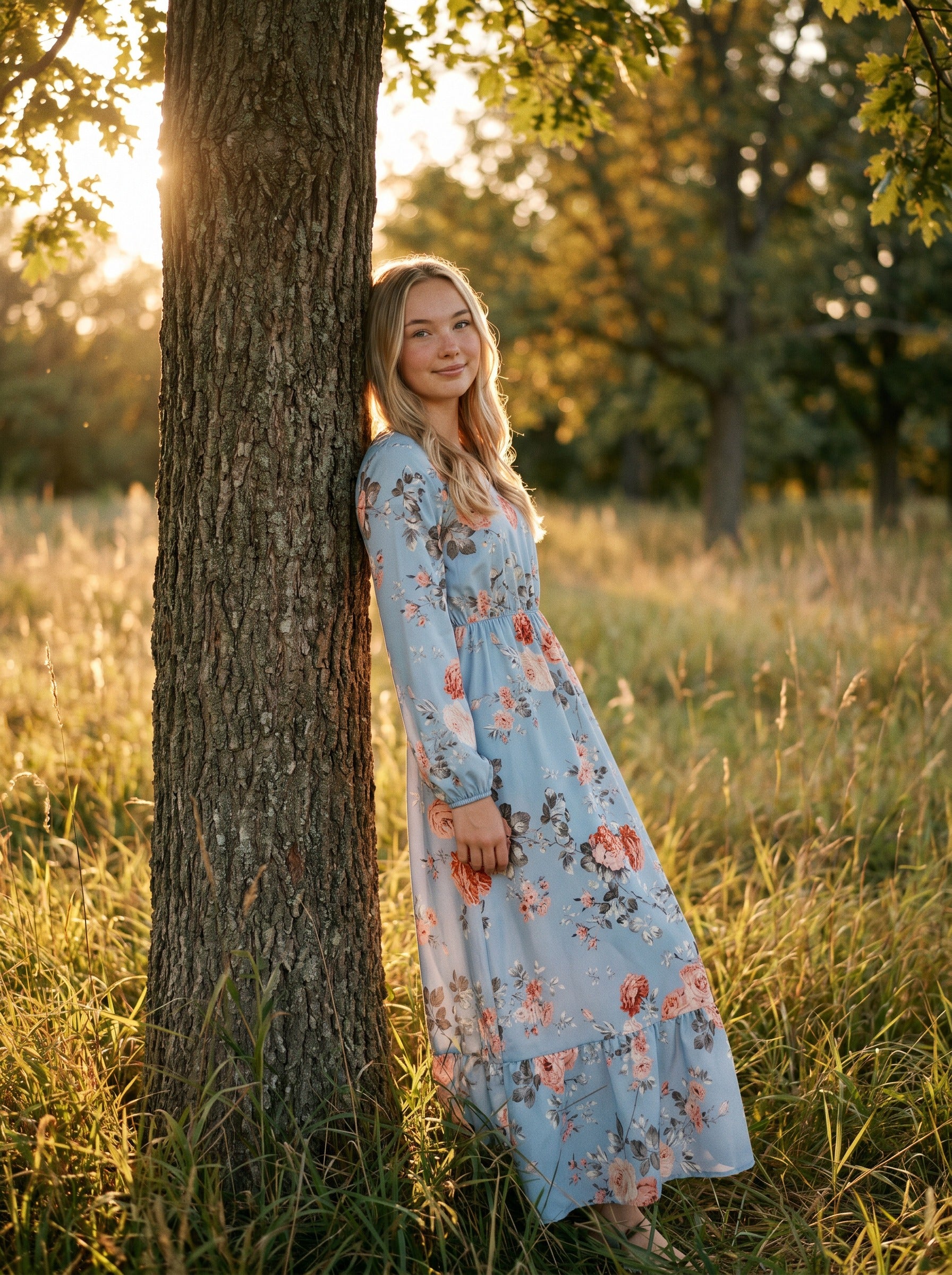 Clara Flounce Hem Maxi Dress in Peach Rose Garden