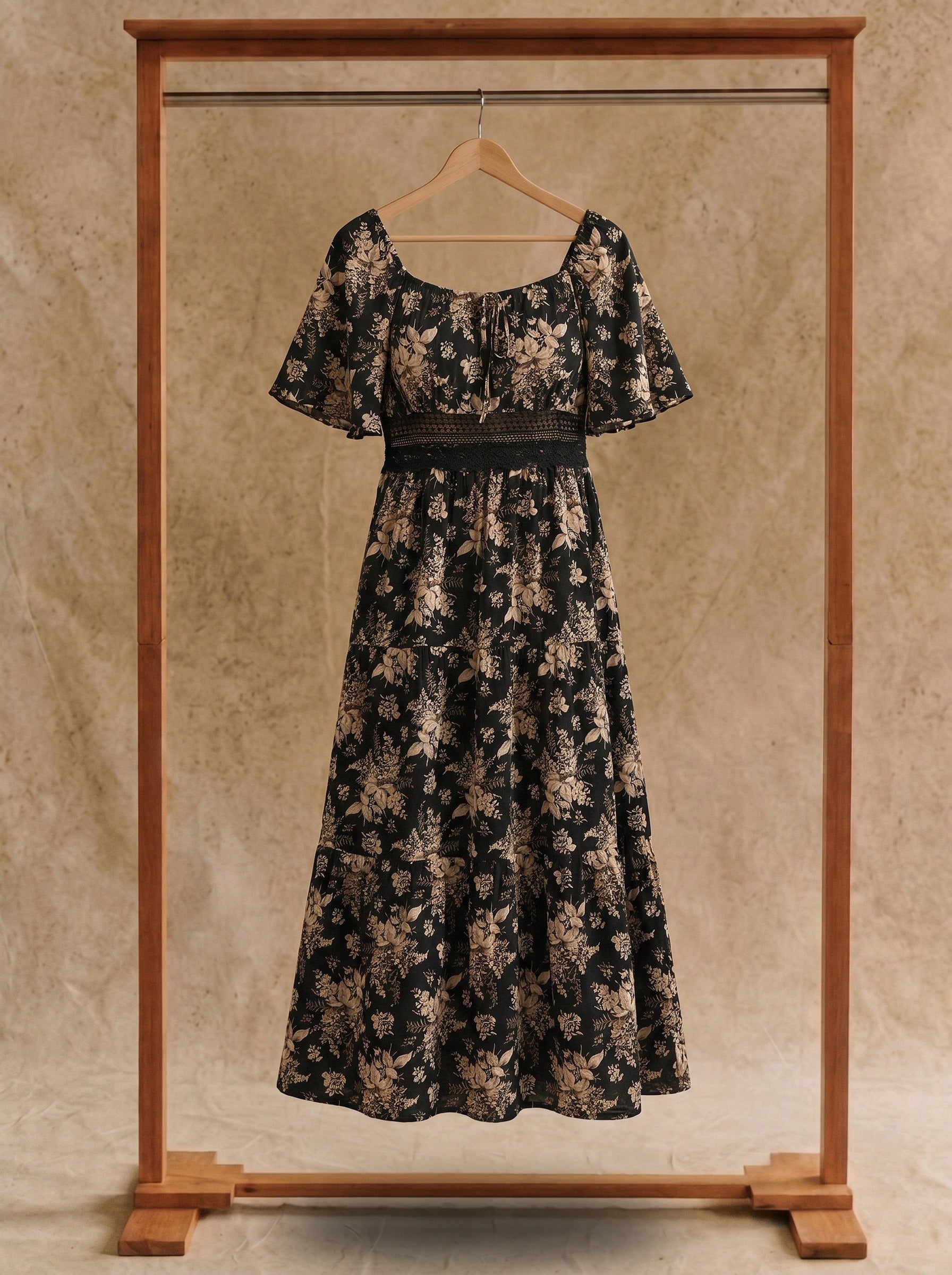Colette Flutter Sleeve Maxi Dress in Antique Noir Florals