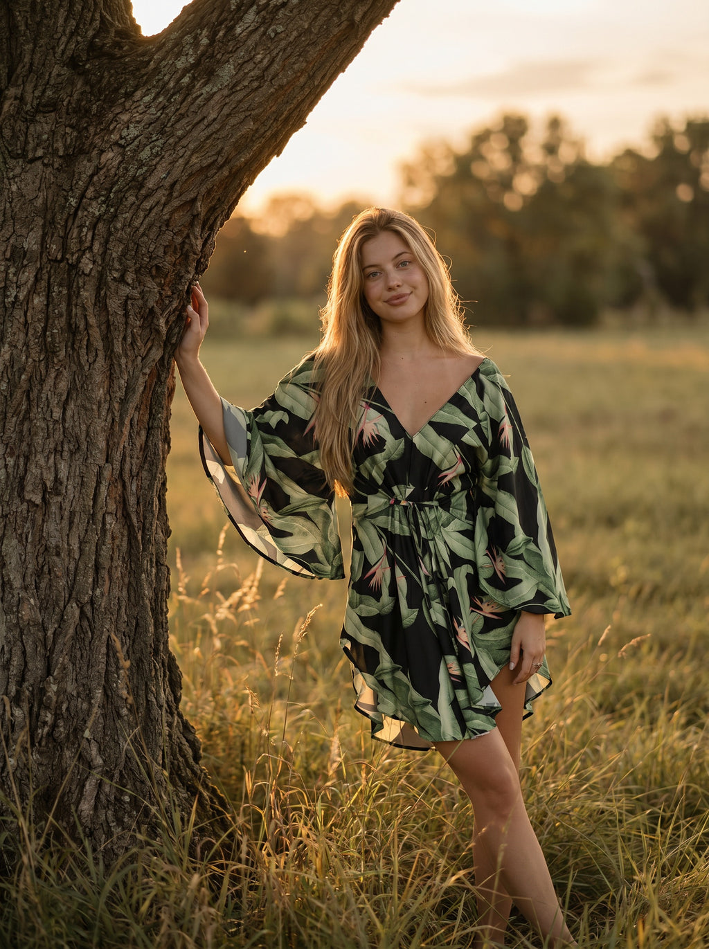 Genevieve Flutter Sleeve Mini Dress in Midnight Palm