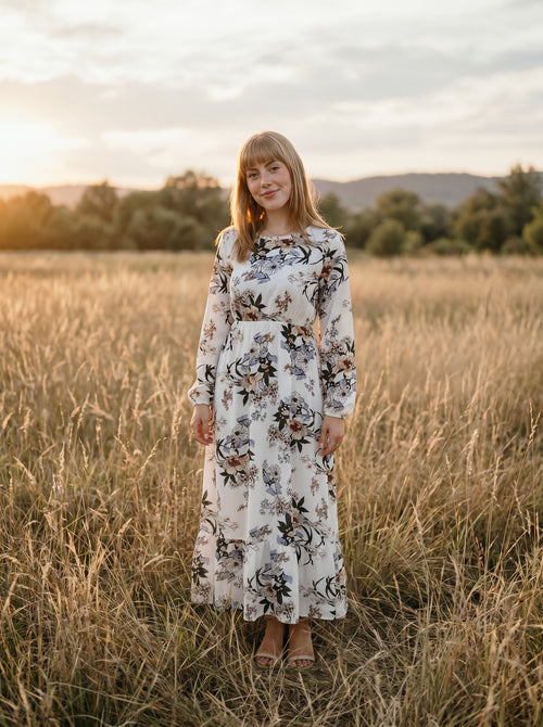 Clara Flounce Hem Maxi Dress in Ivory Botanical Garden