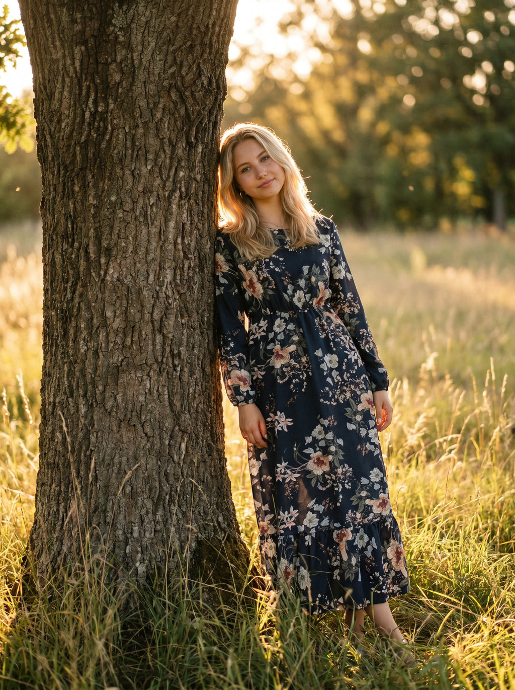 Clara Flounce Hem Maxi Dress in Navy Antique Blooms