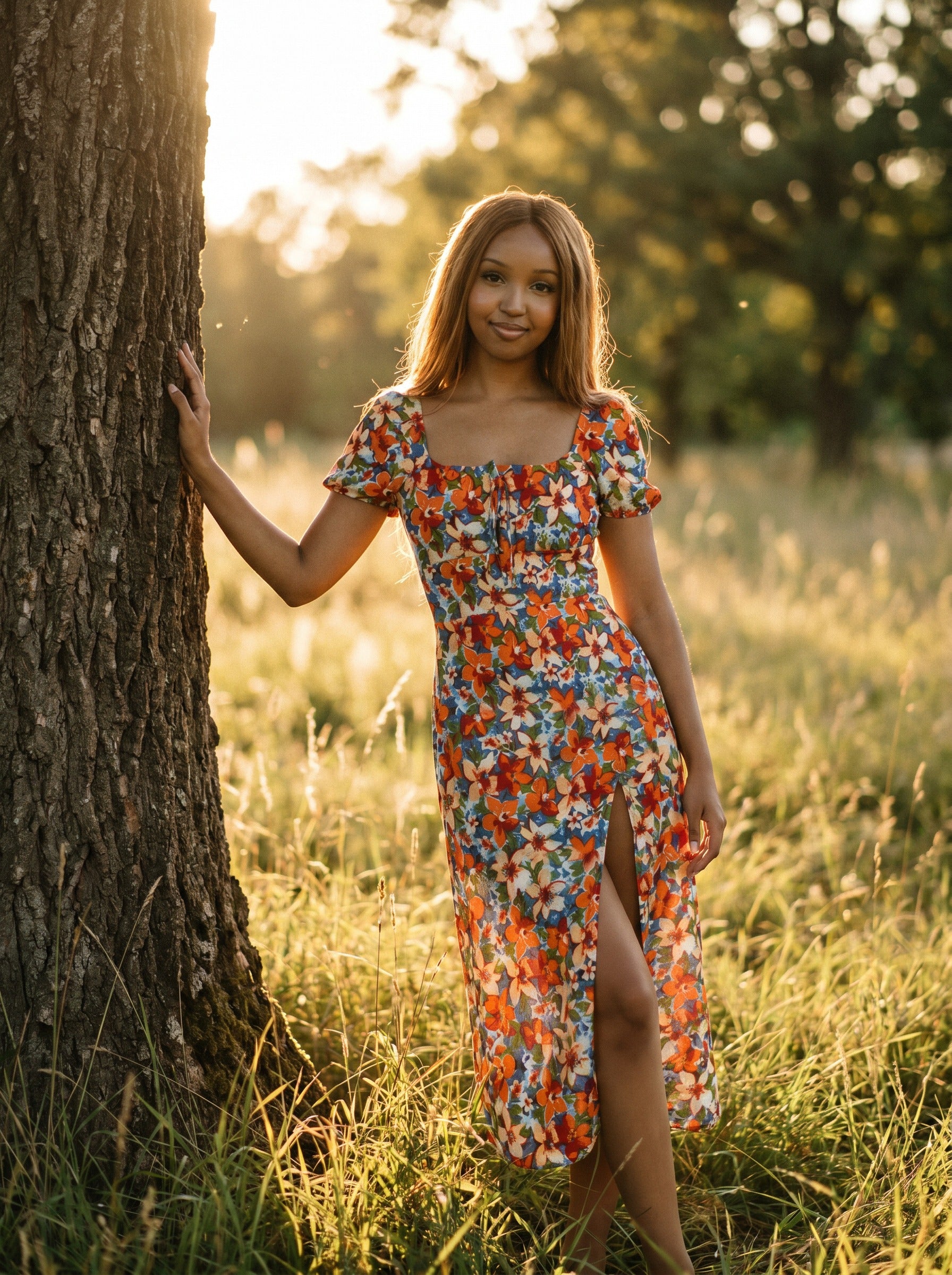 Harlow Puff Sleeve Midi Dress in Poppy Meadow