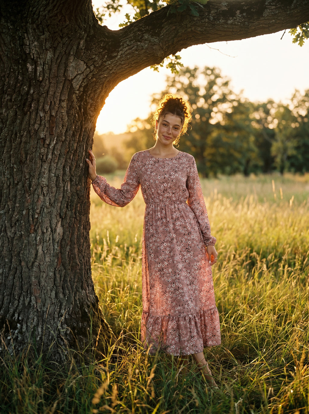 Clara Flounce Hem Maxi Dress in Rosewood Petal Shower