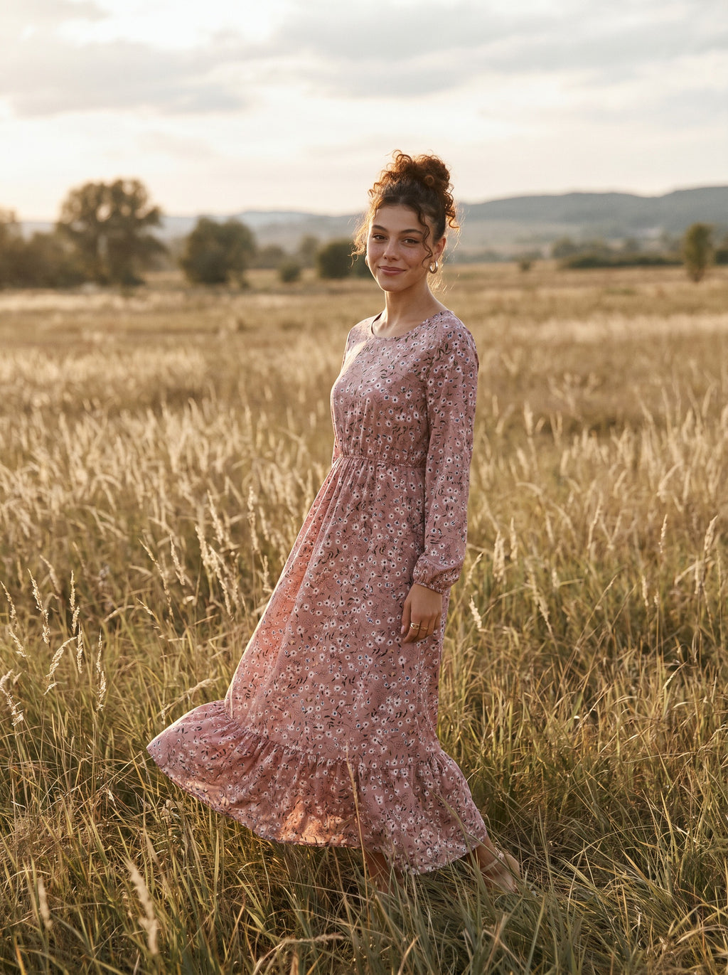 Clara Flounce Hem Maxi Dress in Rosewood Petal Shower