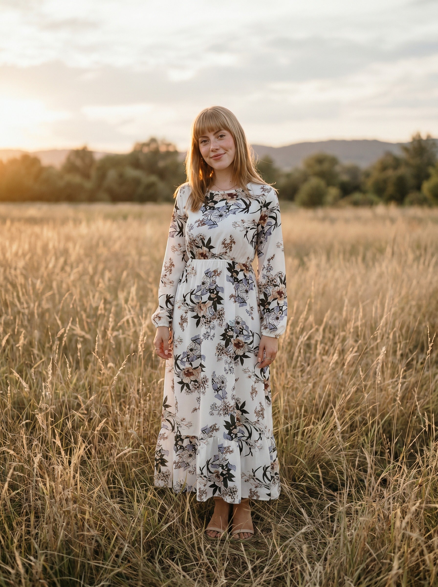 Delphine Puff Sleeve Maxi Dress in Ivory Wildflower Vines