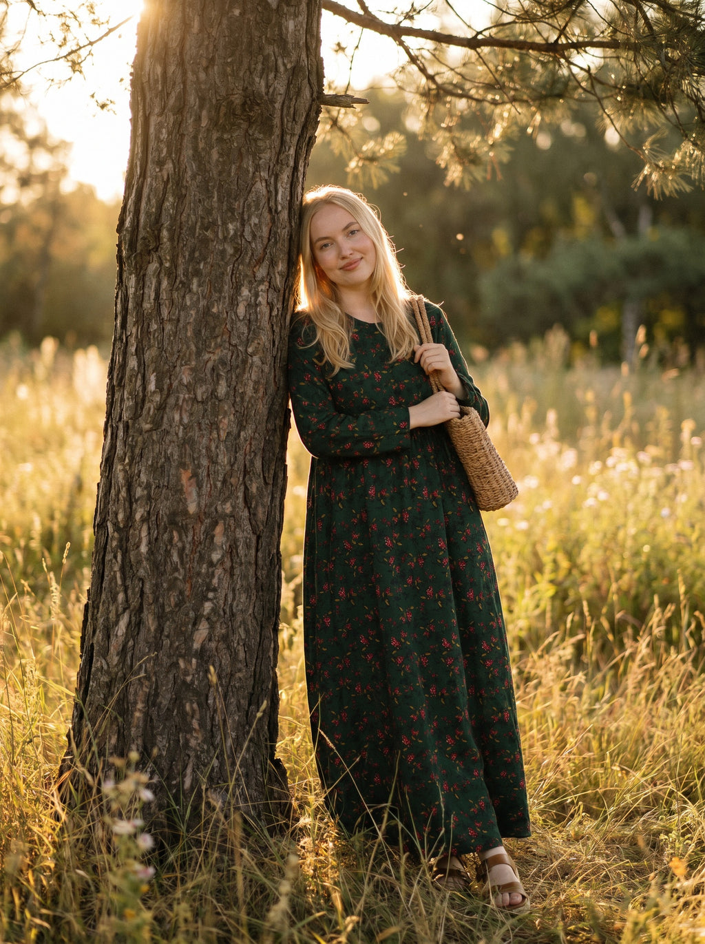 Sylvie Gathered Maxi Dress in Prairie Berry Sprigs