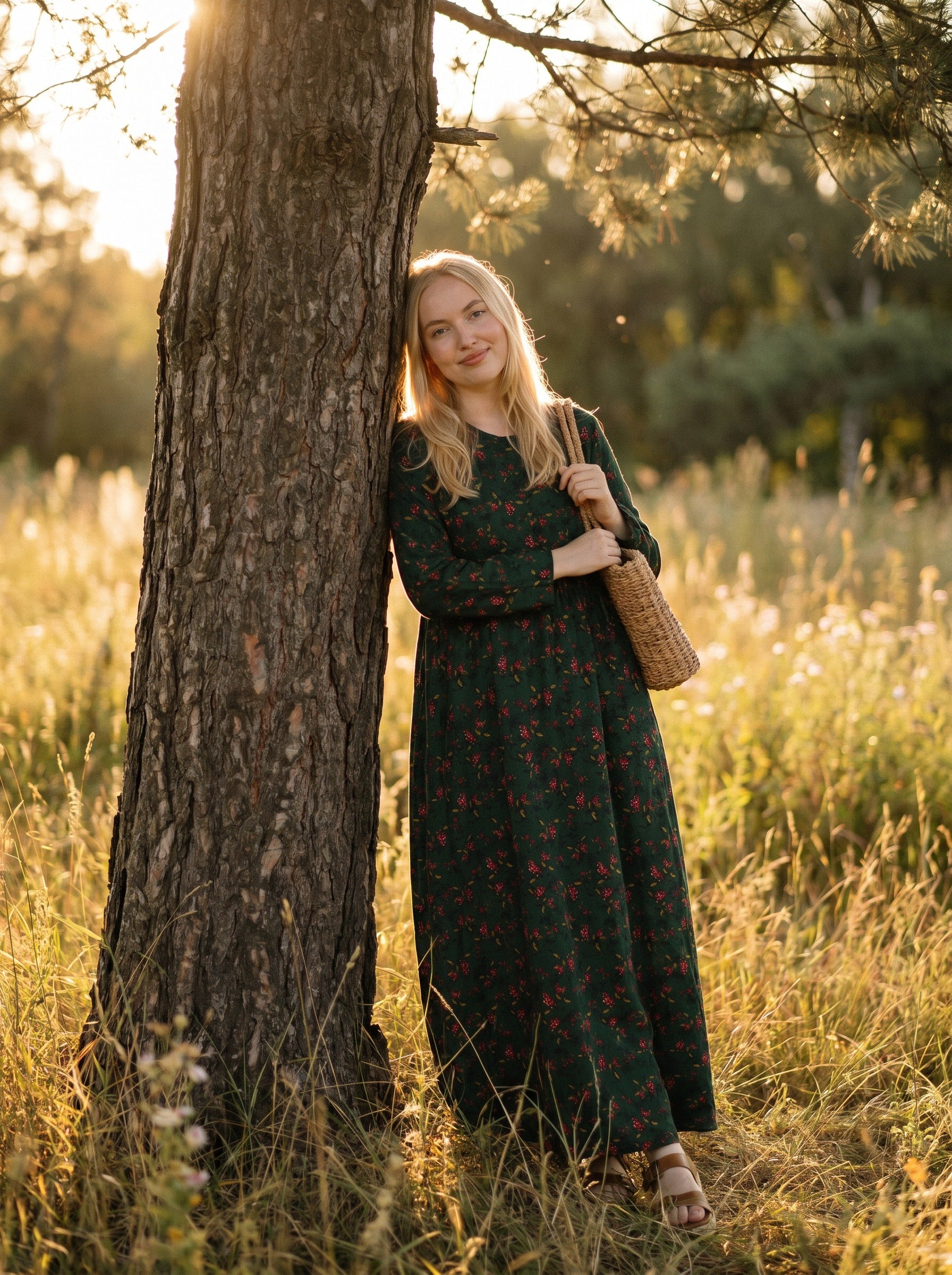Sylvie Gathered Maxi Dress in Prairie Berry Sprigs