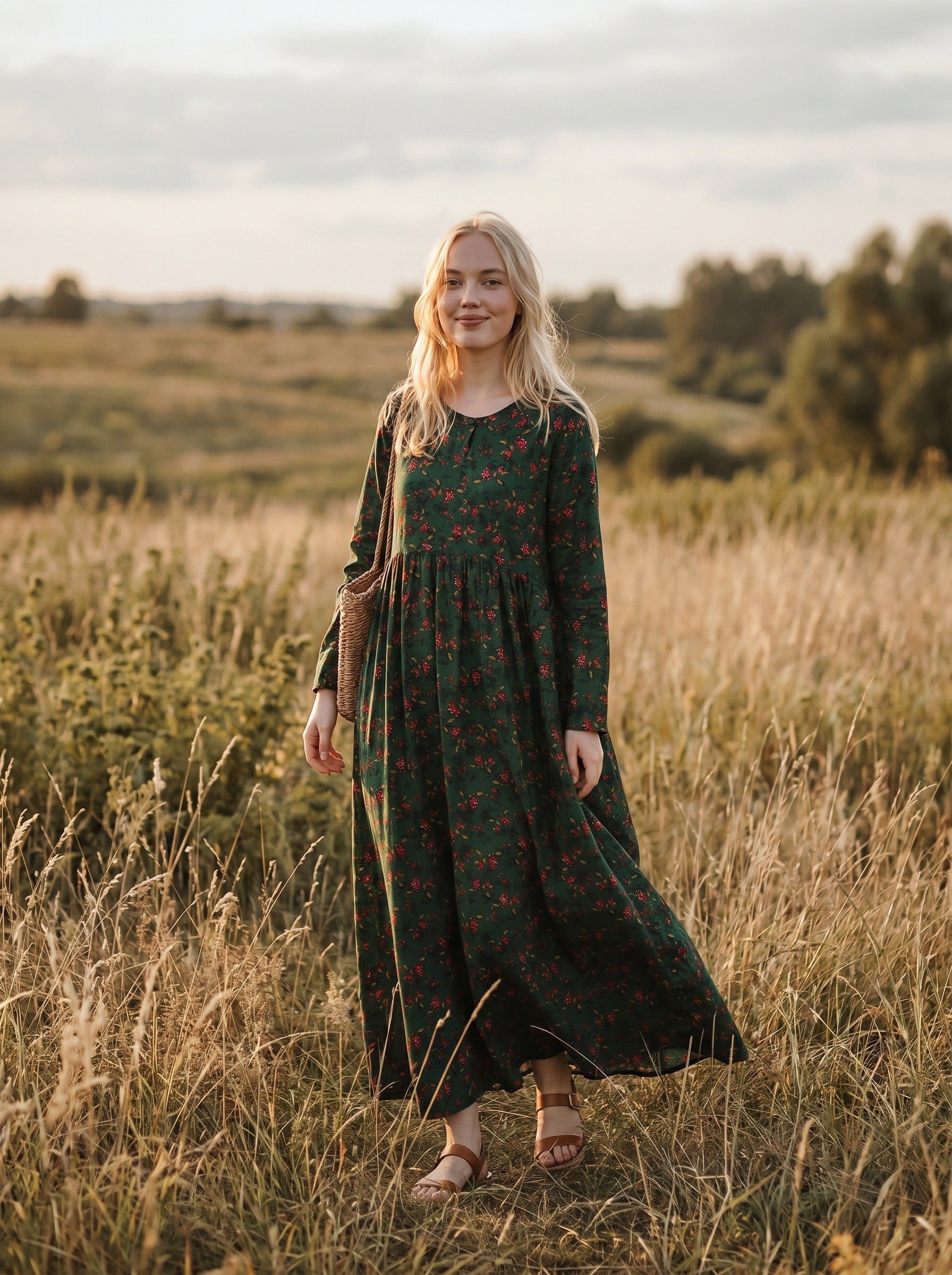 Sylvie Gathered Maxi Dress in Prairie Berry Sprigs