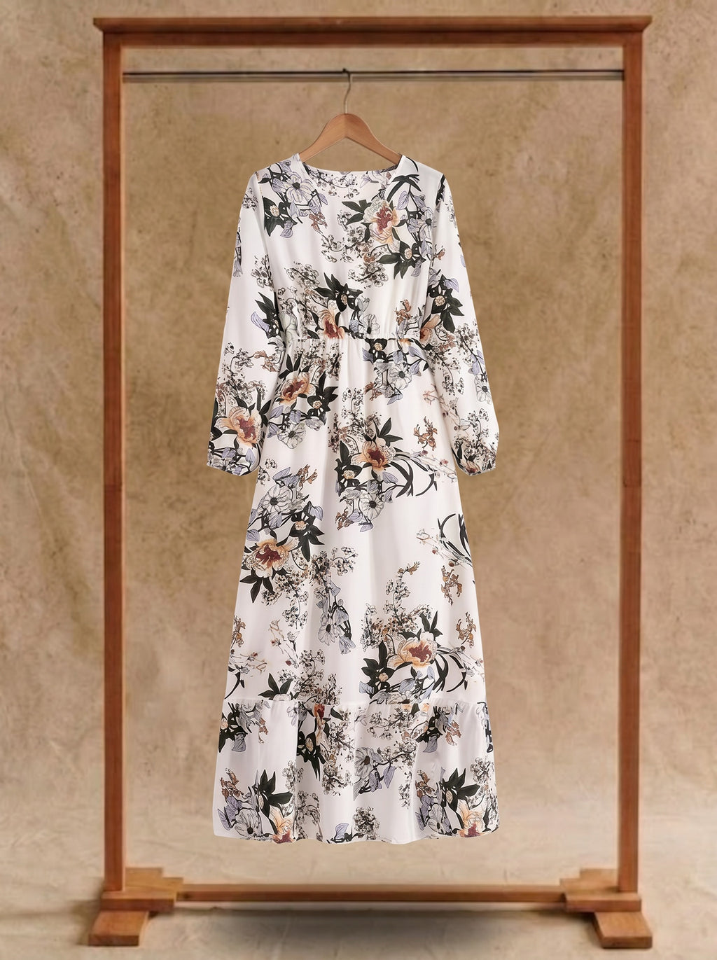 Clara Flounce Hem Maxi Dress in Ivory Botanical Garden