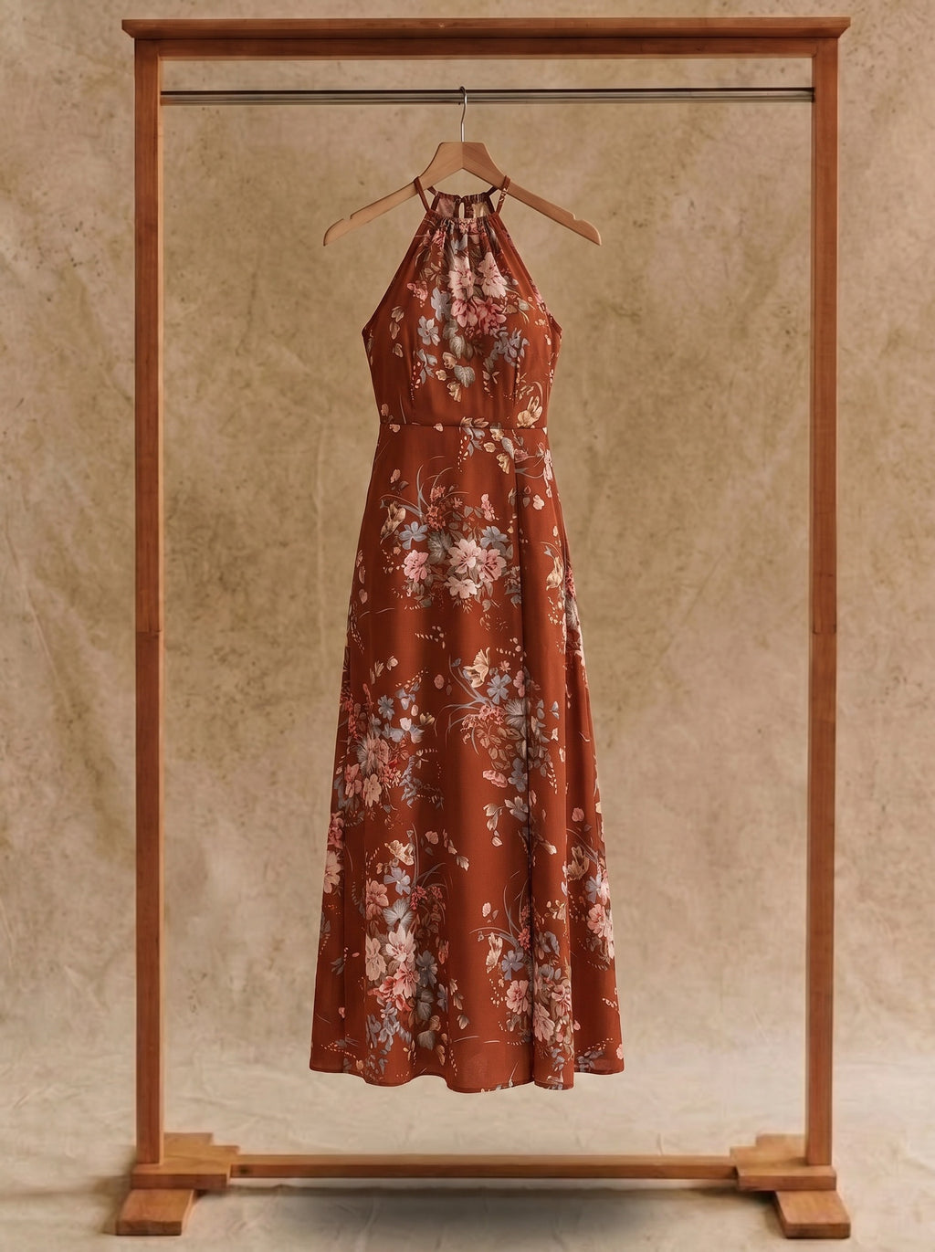 Cosima Halter Maxi Dress in Terracotta Autumn Rose
