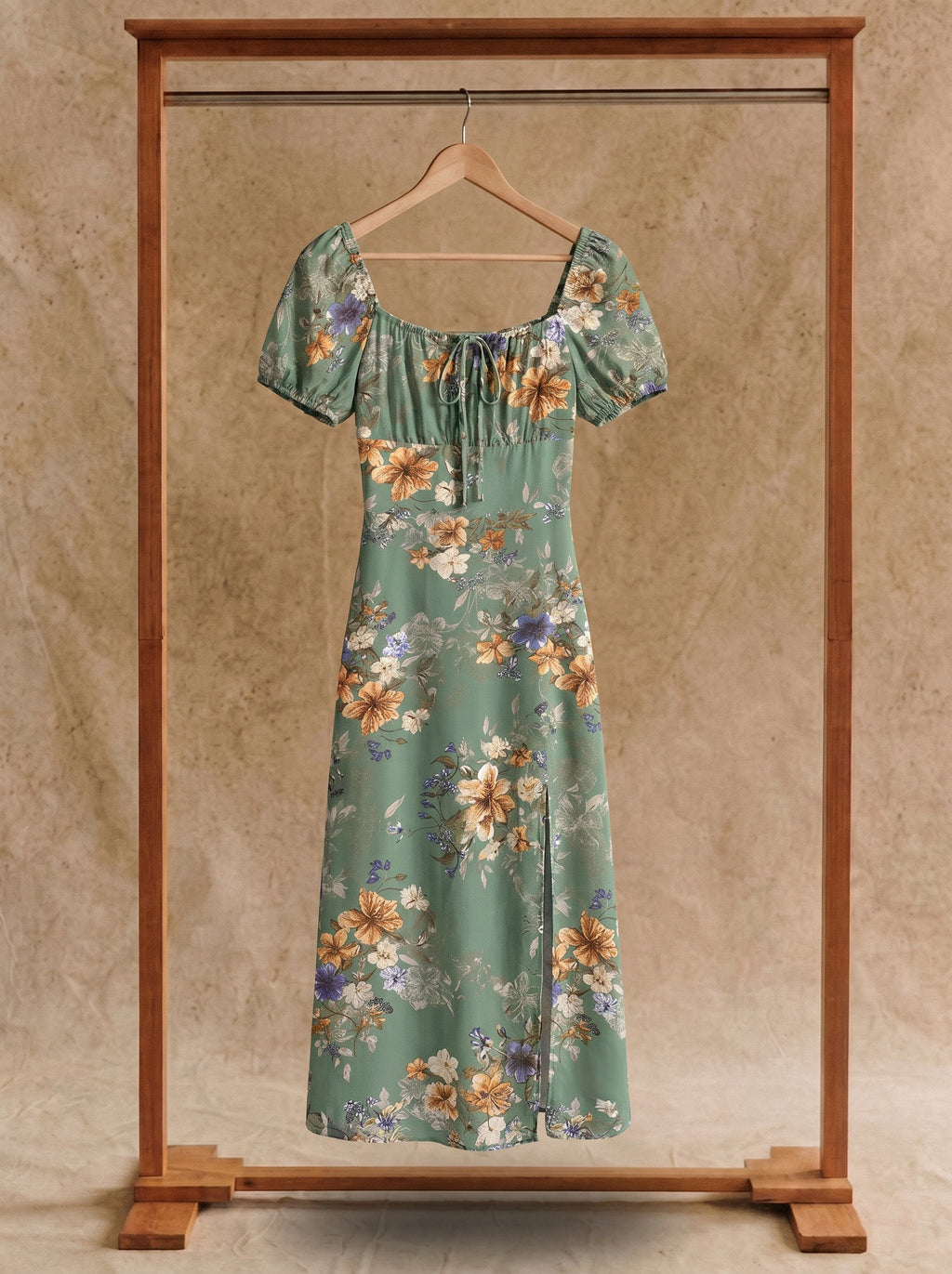 Harlow Puff Sleeve Midi Dress in Sage Garden Blooms