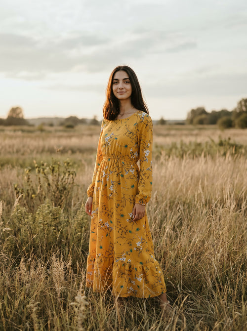 Clara Flounce Hem Maxi Dress in Golden Meadow Sketch
