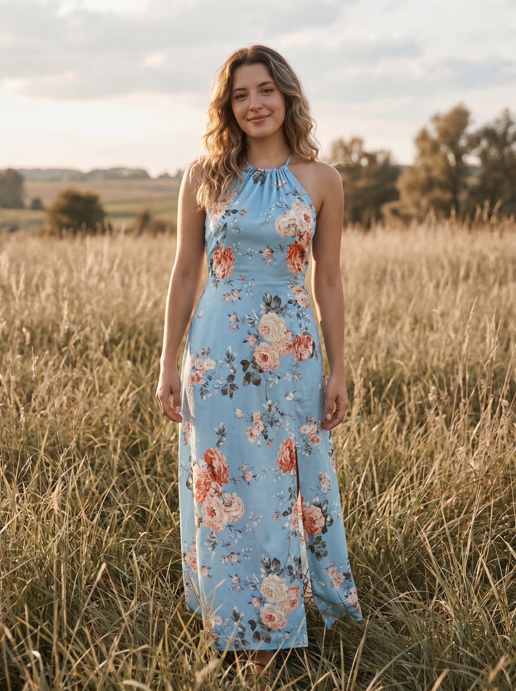 Cosima Halter Maxi Dress in Prairie Sky Peony