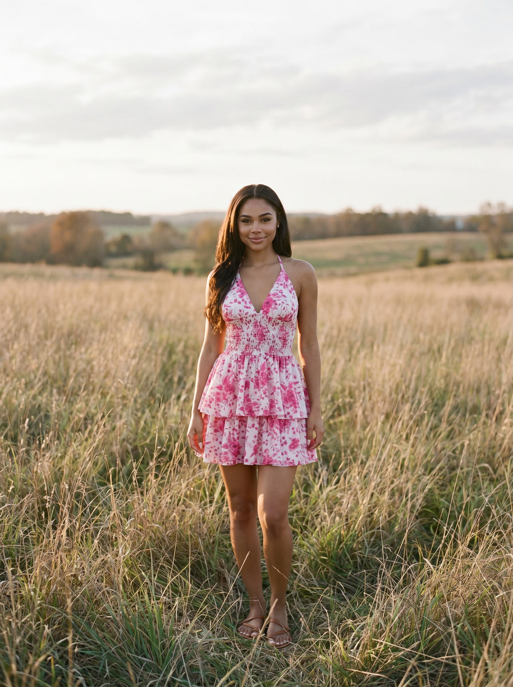 Penelope Halter Mini Dress in Watercolor Roses
