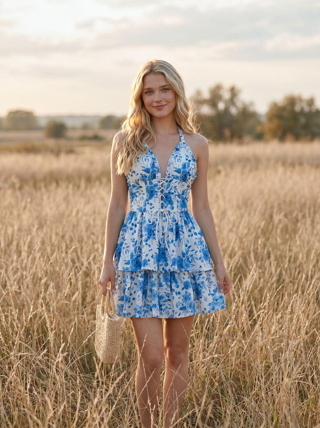 Penelope Halter Mini Dress in Watercolor Roses