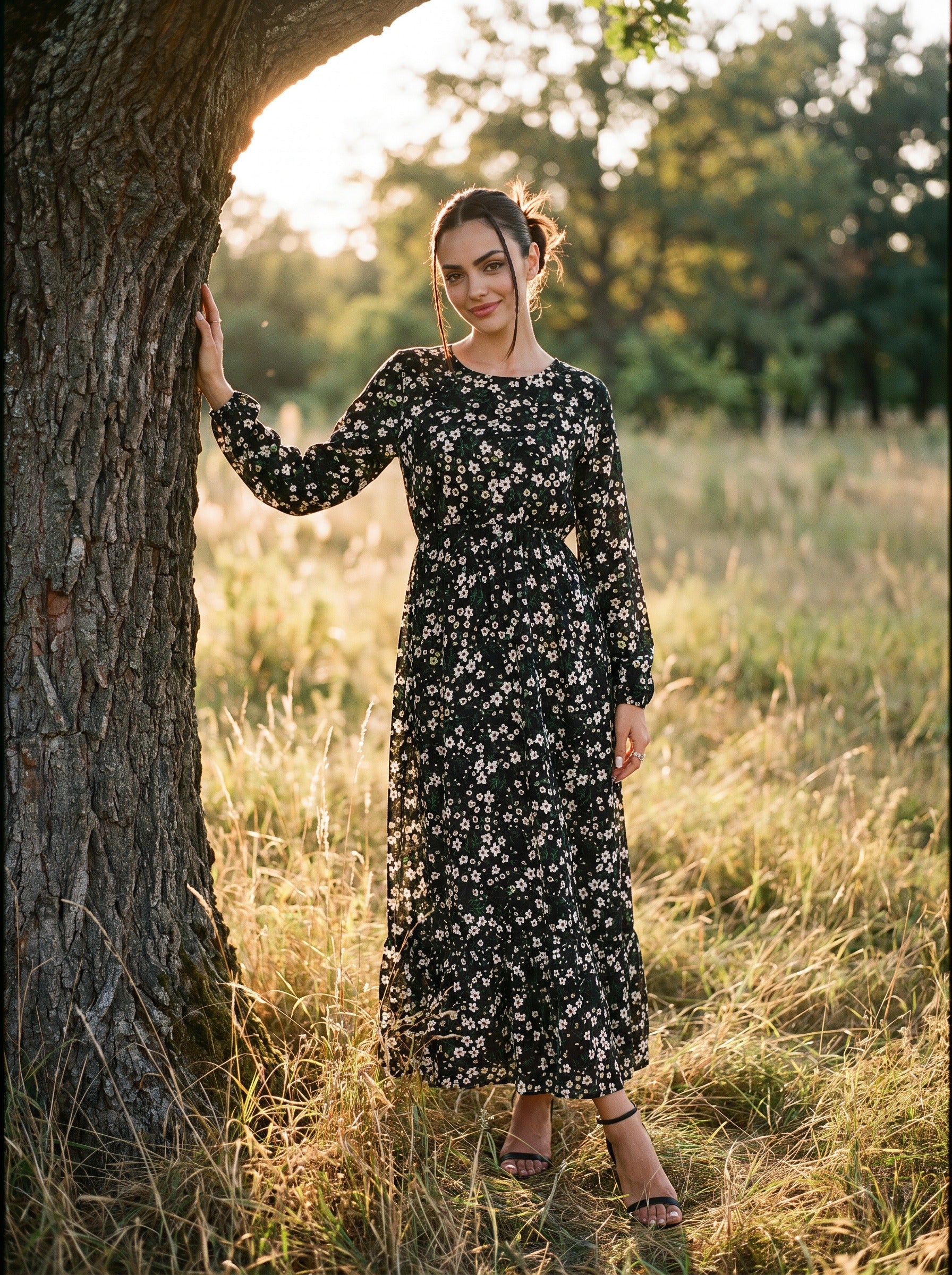 Delphine Puff Sleeve Maxi Dress in Scattered Daisy Night