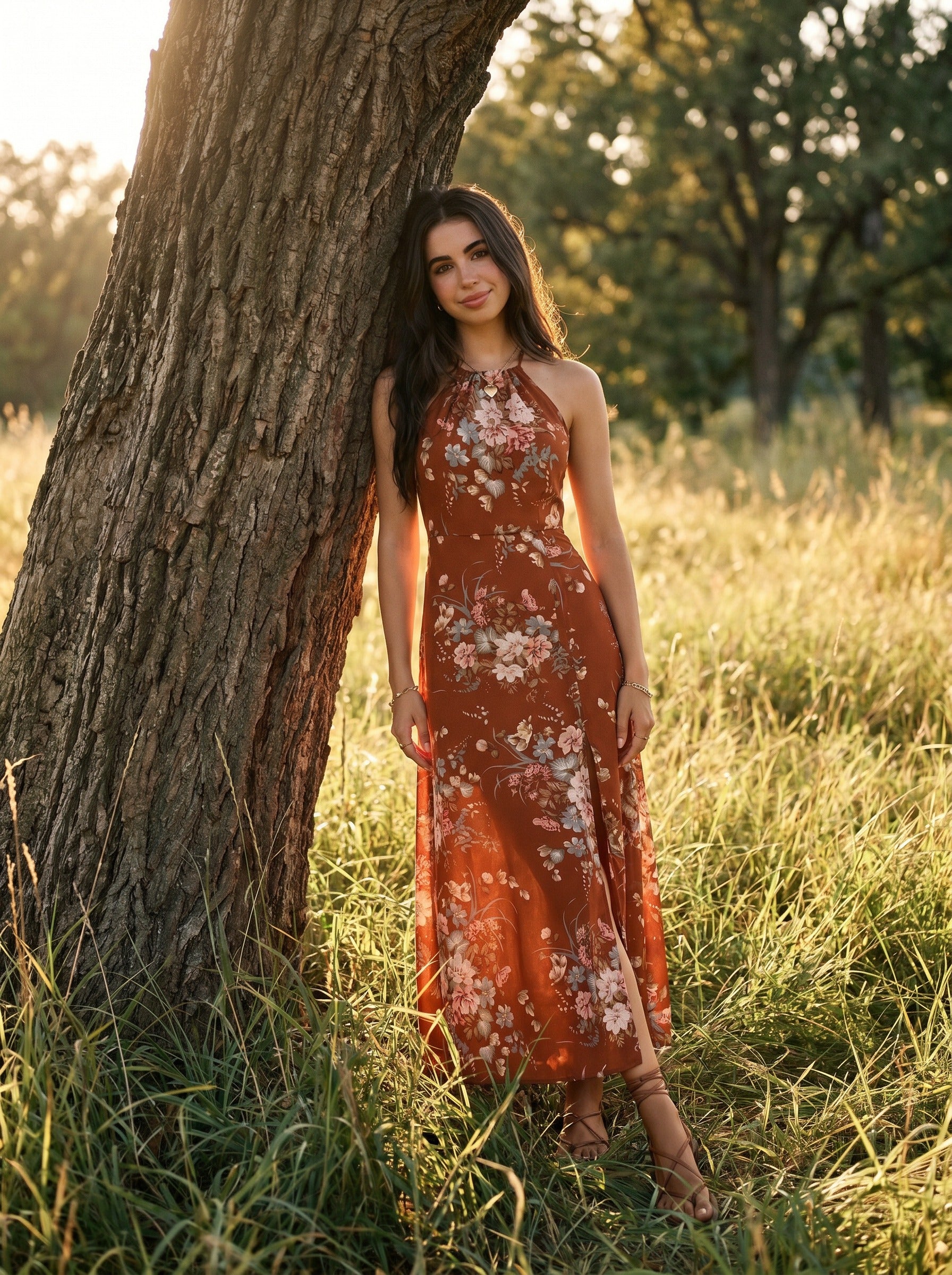 Cosima Halter Maxi Dress in Terracotta Autumn Rose