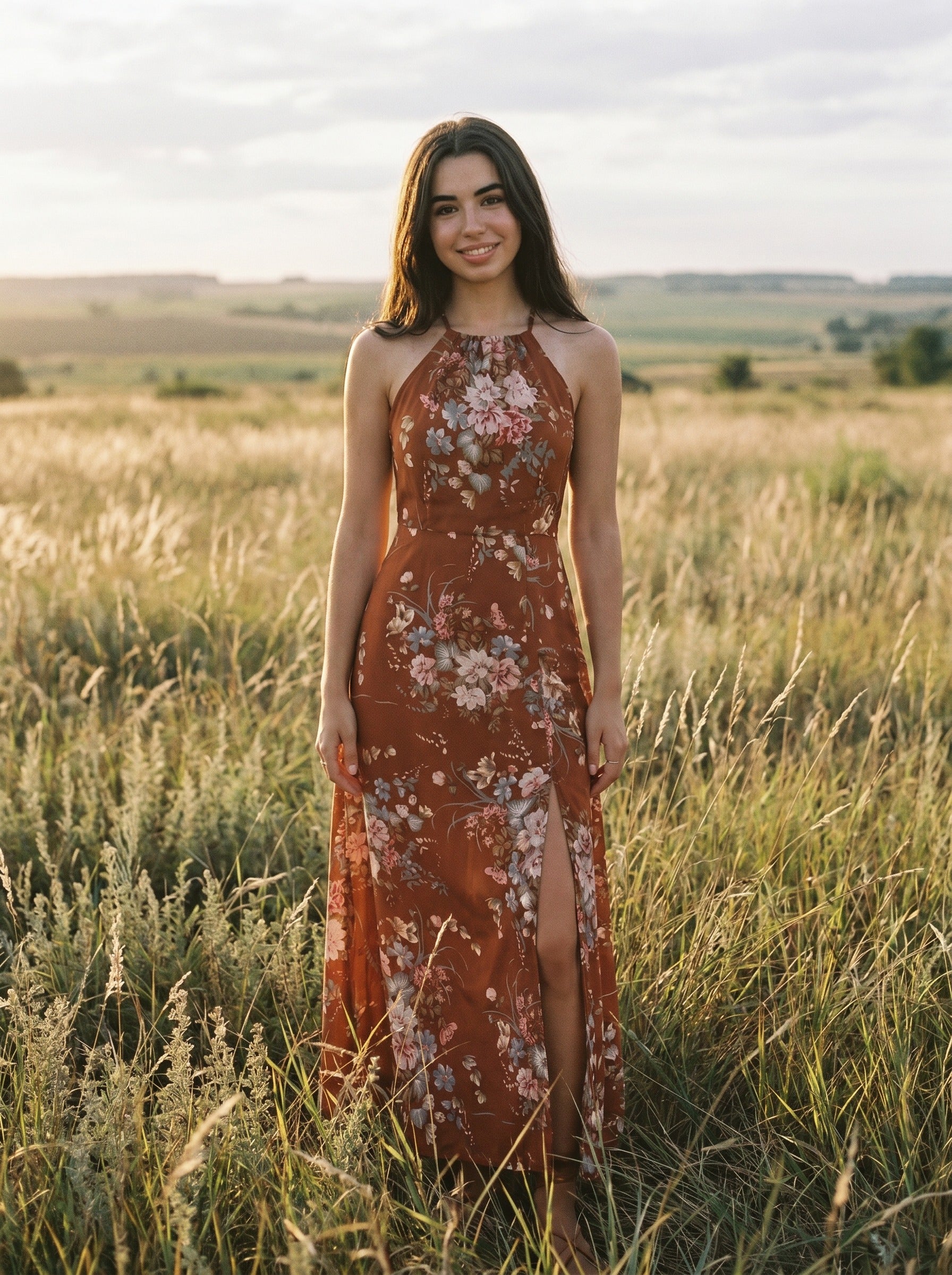 Cosima Halter Maxi Dress in Terracotta Autumn Rose