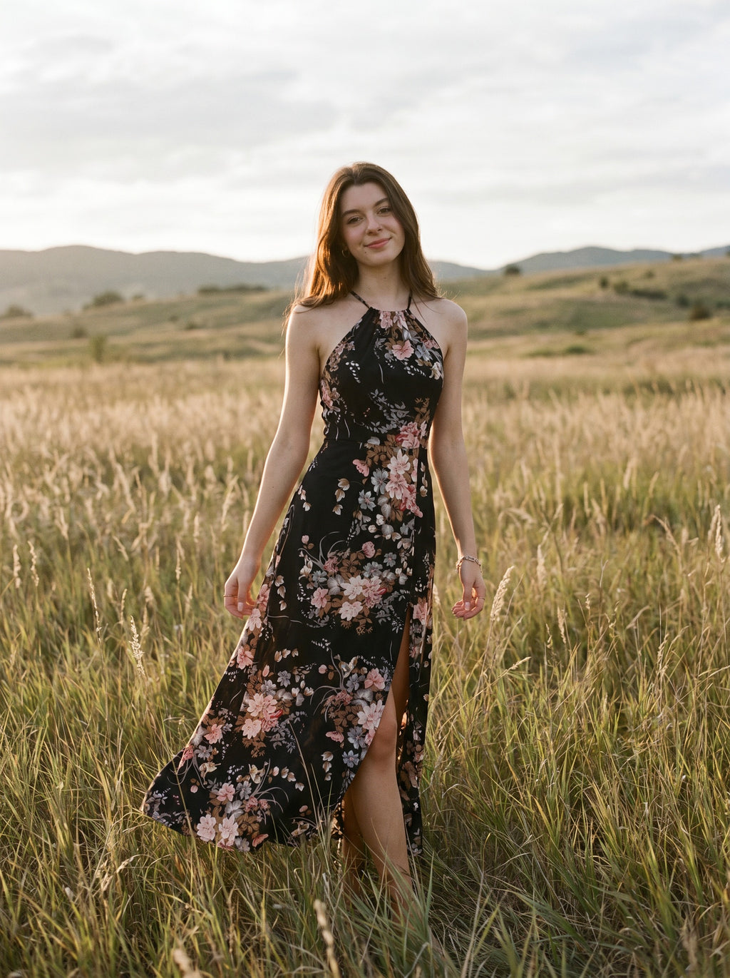 Cosima Halter Maxi Dress in Midnight Rose Garden