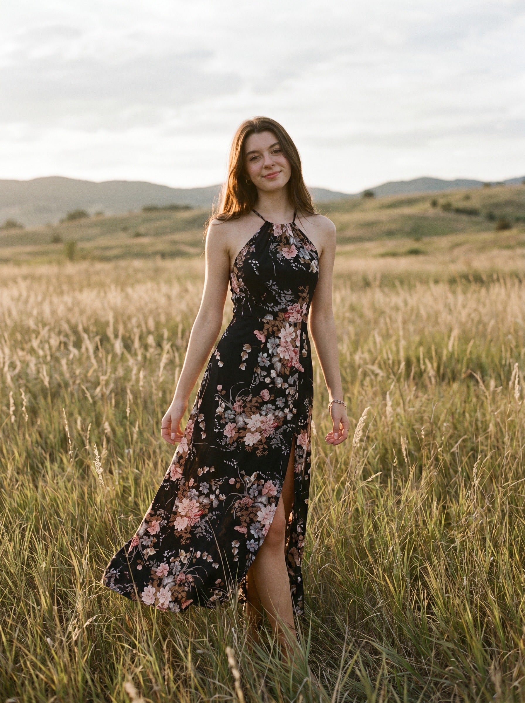 Cosima Halter Maxi Dress in Midnight Rose Garden