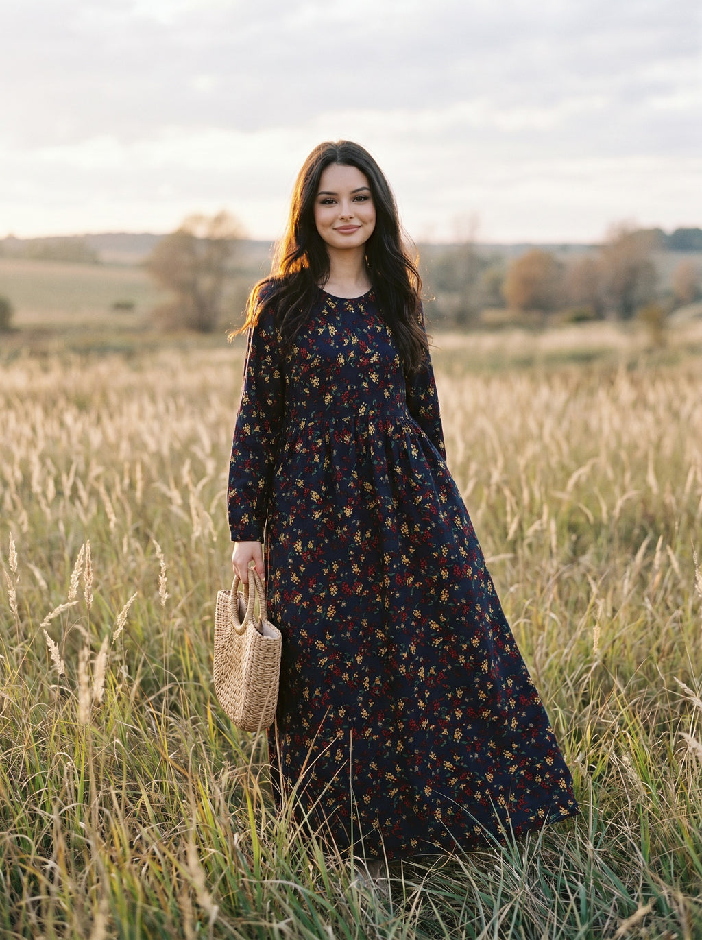 Sylvie Gathered Maxi Dress in Prairie Berry Sprigs