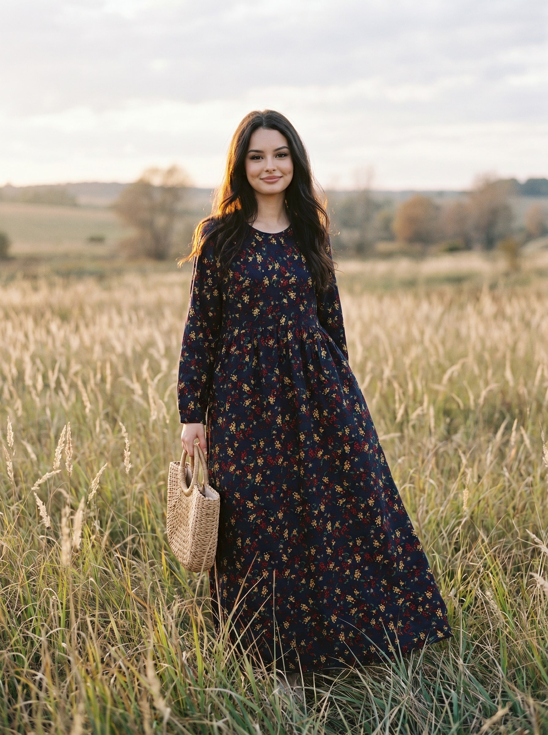 Sylvie Gathered Maxi Dress in Prairie Berry Sprigs