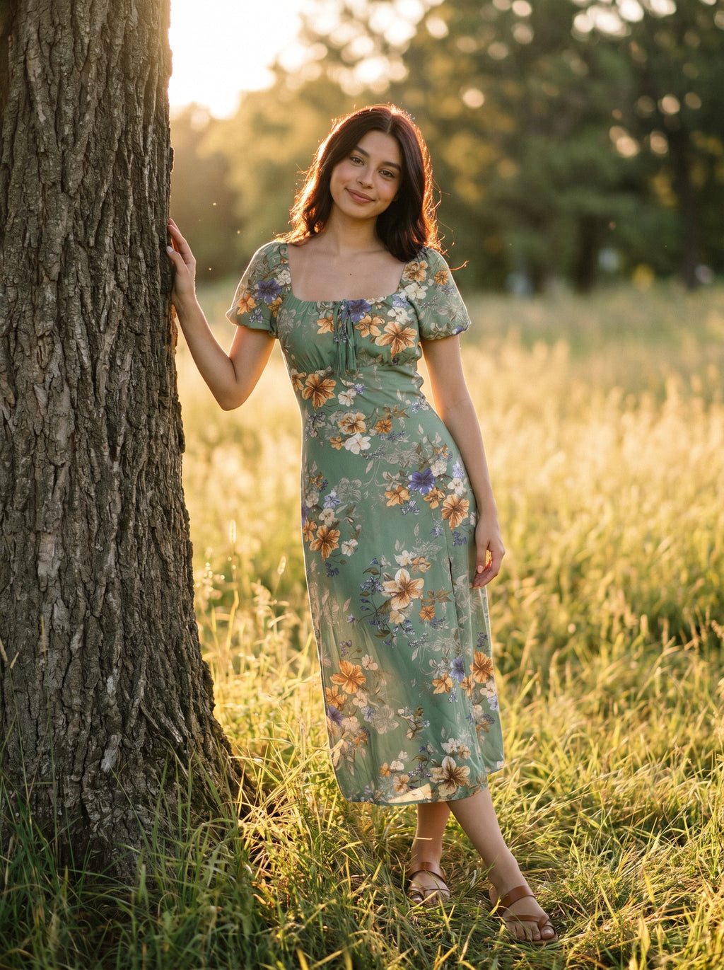 Harlow Puff Sleeve Midi Dress in Sage Garden Blooms