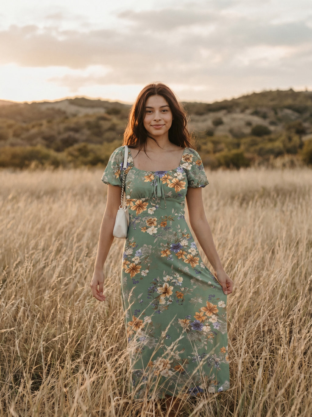 Harlow Puff Sleeve Midi Dress in Sage Garden Blooms