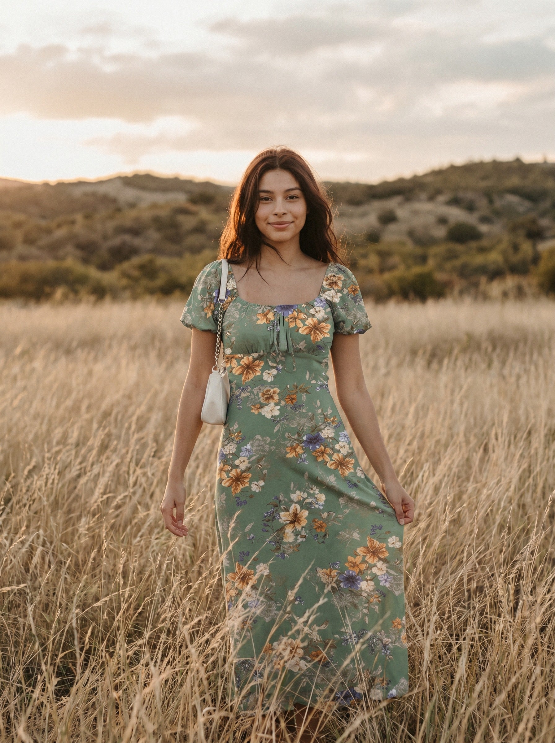 Harlow Puff Sleeve Midi Dress in Sage Garden Blooms