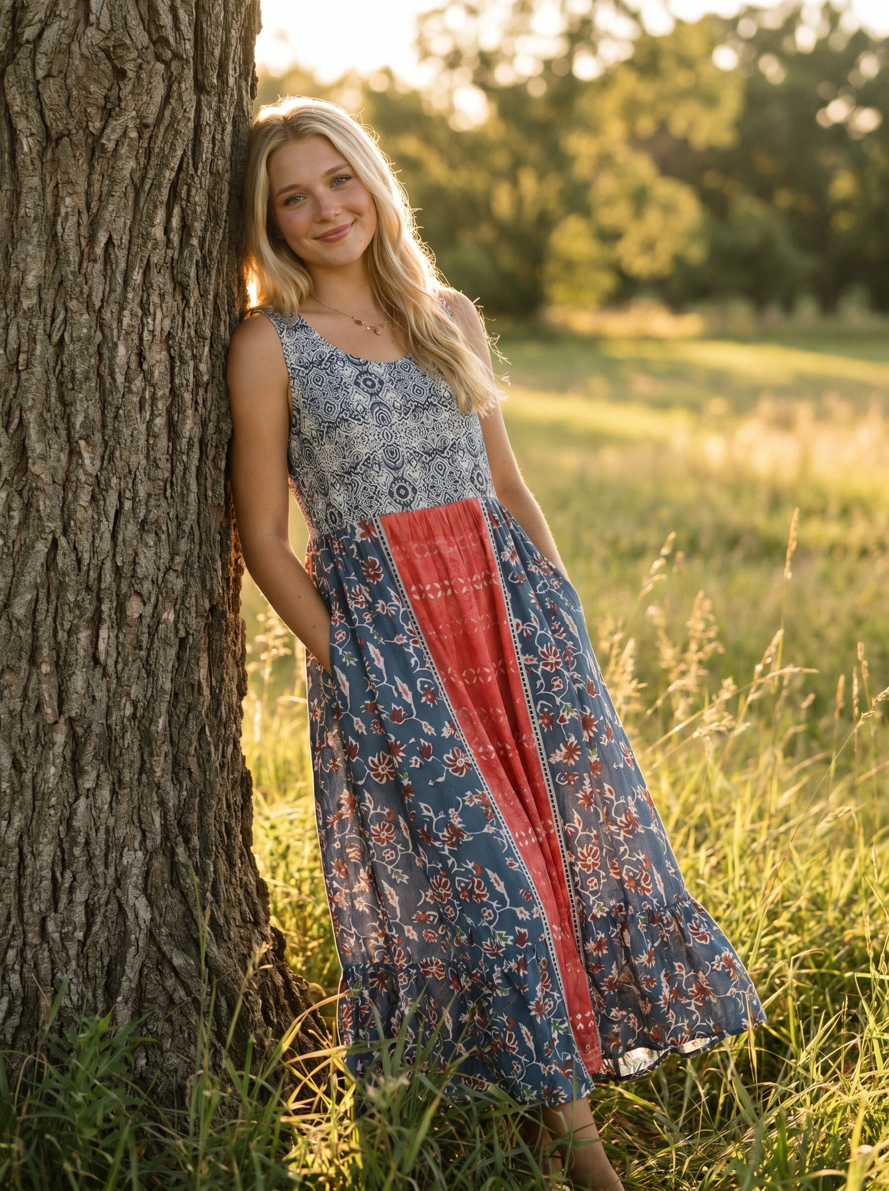 Lorelei Sleeveless Midi Dress in Coral Patchwork