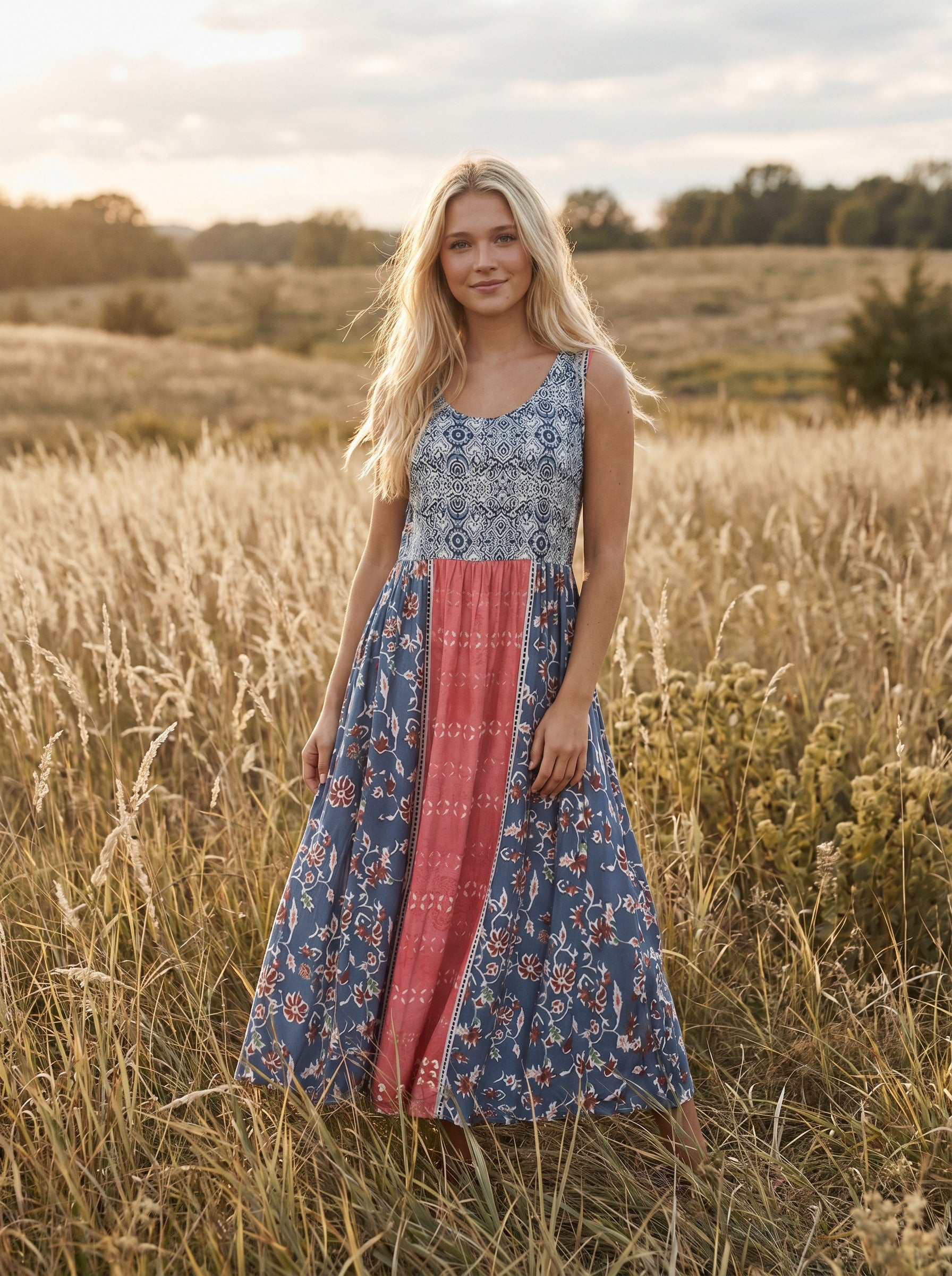Lorelei Sleeveless Midi Dress in Coral Patchwork
