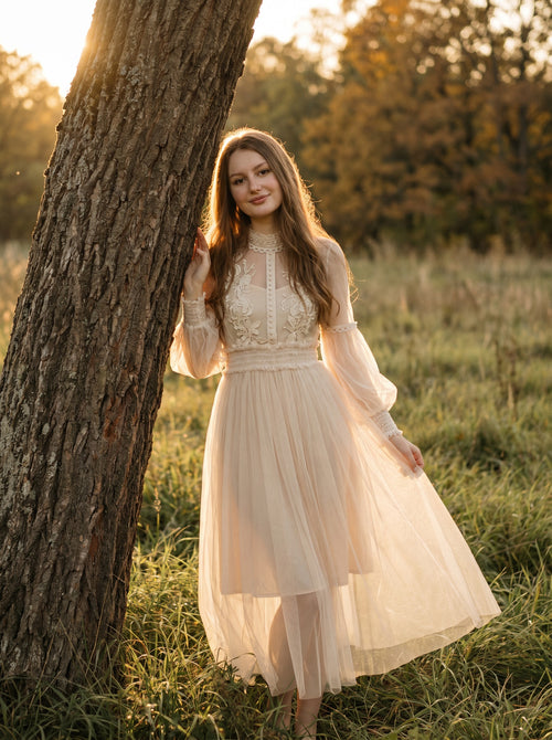 Camille Lantern Sleeve Midi Dress in Heirloom Lace